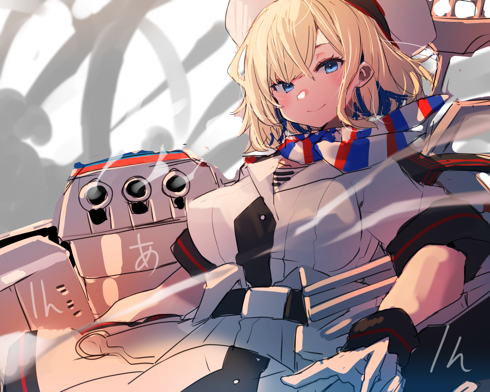 smil, sunday aki, gloire (kancolle), kantai collection, highres, 1girl, blonde hair, blue eyes, blue hair, colored inner hair, dress, gloves, hat, looking at viewer, machinery, multicolored hair, multicolored scarf, scarf, short hair, solo, upper body, white dress, white gloves