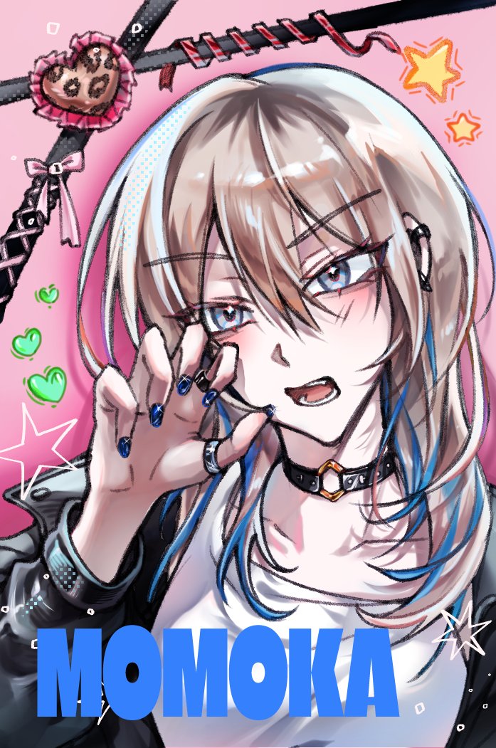 kawaragi momoka, girls band cry, clip studio paint (medium), commentary, korean commentary, 1girl, black choker, black jacket, blue eyes, blue nails, character name, choker, ear piercing, grey hair, hair between eyes, jacket, jewelry, kawarock peach, long hair, looking at viewer, multicolored hair, nail polish, o-ring, o-ring choker, open mouth, piercing, pink background, ring, roots (hair), shirt, solo, teeth, white shirt