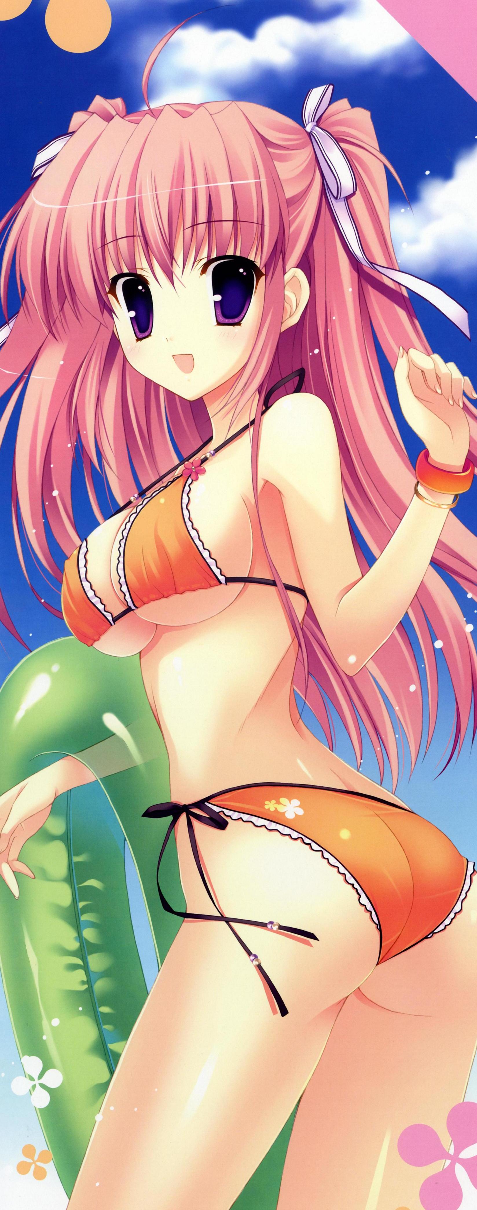 mitha, sakuranomiya arisa, nanagane educational institution, absurdres, highres, long image, tall image, 1girl, bikini, breasts, day, female focus, hair ribbon, large breasts, long hair, orange bikini, pink hair, purple eyes, ribbon, side-tie bikini bottom, sideboob, solo, swimsuit, twintails, two side up