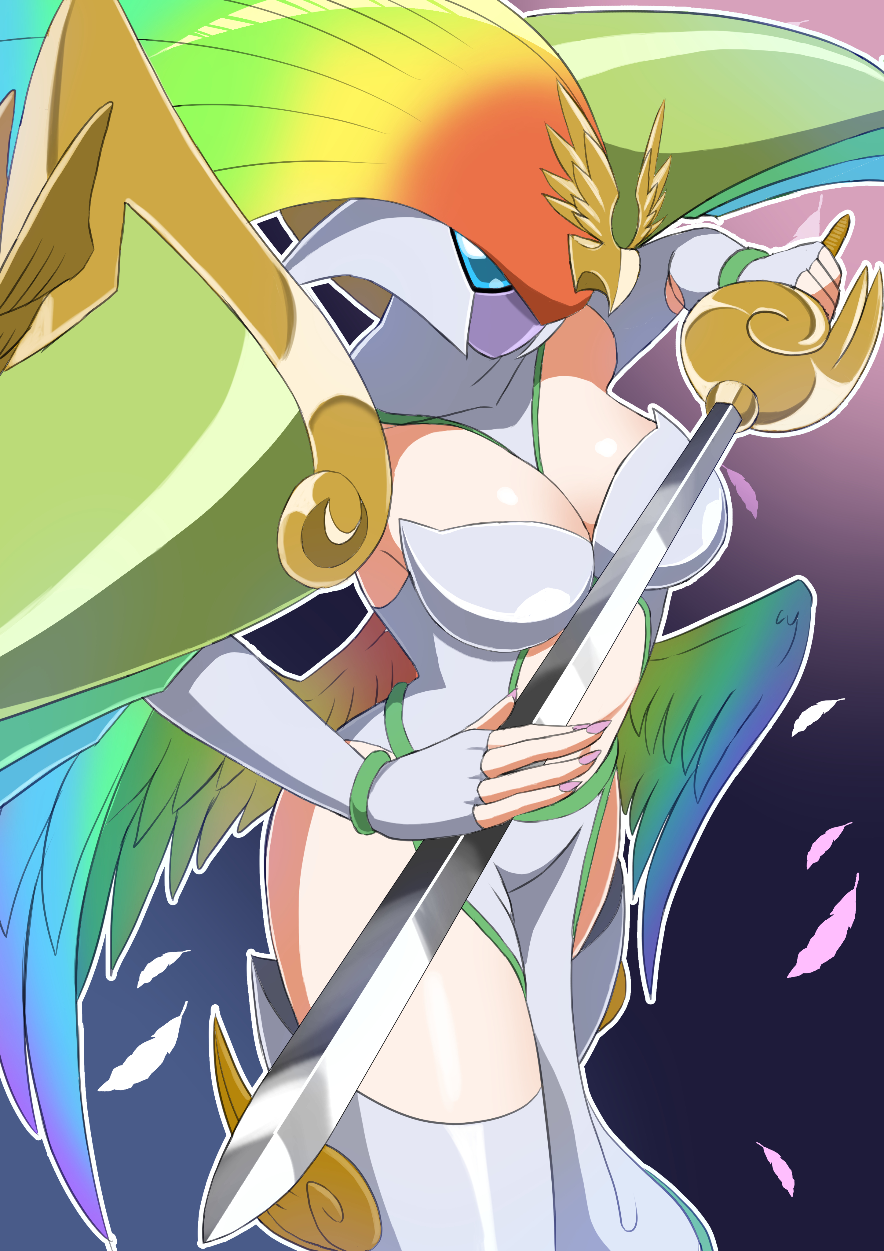 yamamoto zetta, ancientirismon, digimon, absurdres, commentary request, commission, highres, 1girl, armor, armored boots, bare shoulders, blue eyes, boots, breasts, cleavage, clothing cutout, covered mouth, cowboy shot, digimon (creature), dress, elbow cutout, elbow gloves, falling feathers, feathered wings, feathers, fingerless gloves, gloves, helmet, holding, holding sword, holding weapon, large breasts, long hair, low wings, mask, multicolored hair, pelvic curtain, purple nails, rainbow hair, rainbow wings, rapier, shoulder armor, solid eyes, solo, stomach cutout, strapless, strapless dress, sword, thigh boots, weapon, white dress, white gloves, wings