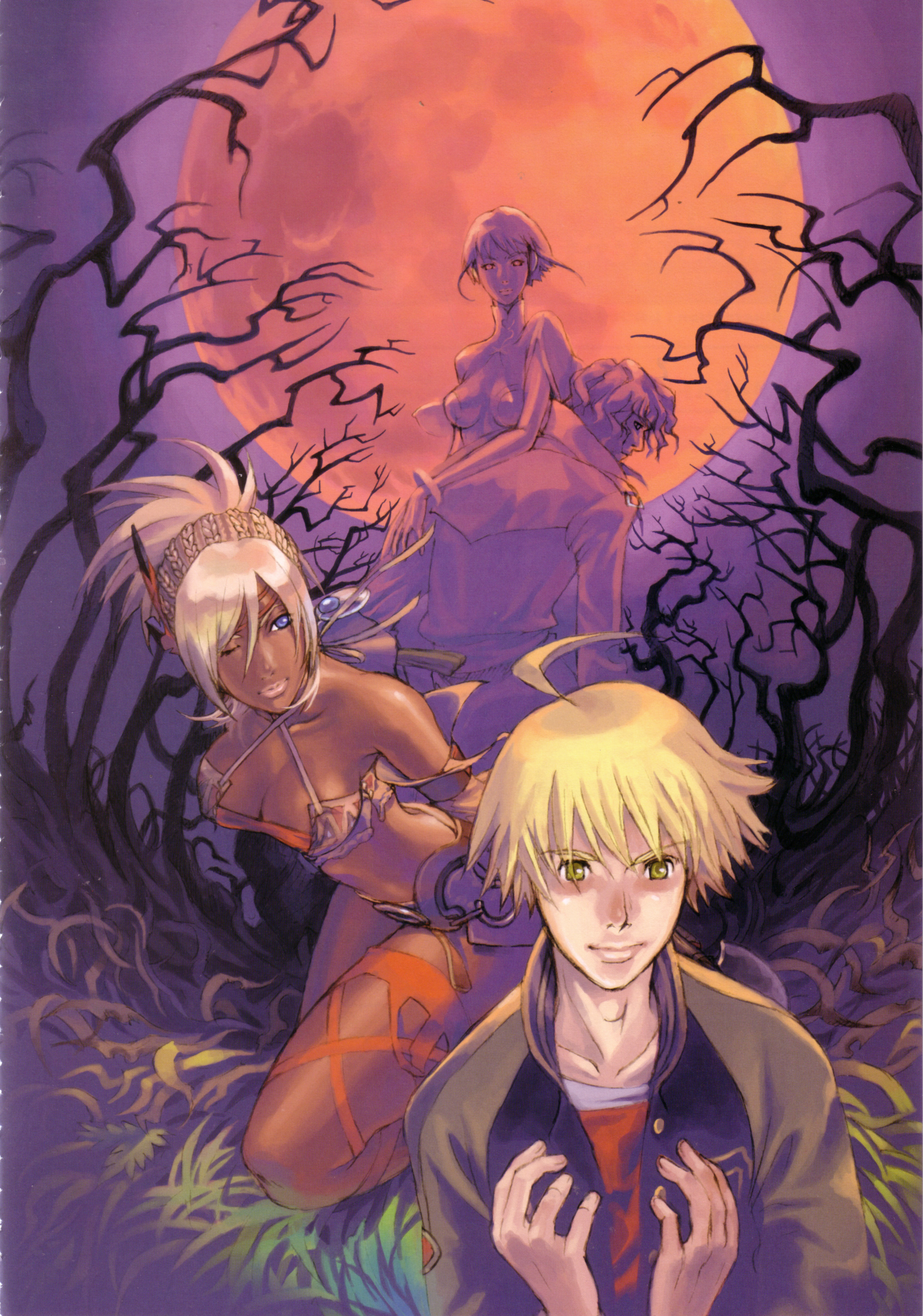 johnny garland, killer (shadow hearts), lady (shadow hearts), shania, shadow hearts, shadow hearts from the new world, absurdres, highres, official art, scan, 2boys, 2girls, blonde hair, blue eyes, breasts, dark skin, earrings, feathers, hair ornament, jewelry, large breasts, medium breasts, multiple boys, multiple girls, one eye closed, short hair, wink, yellow eyes