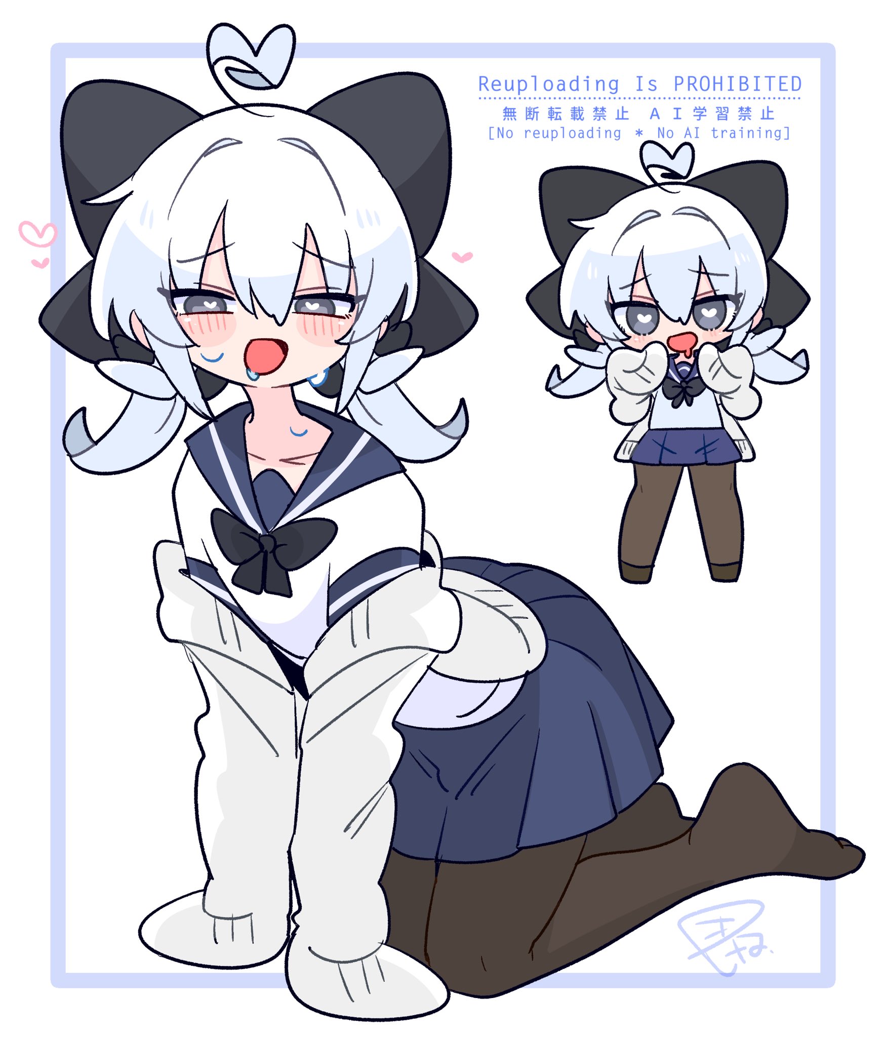 op na yarou, original, commentary, highres, 1boy, :d, ahoge, all fours, aroused, black bow, black bowtie, black pantyhose, blue sailor collar, blue skirt, blush, bow, bowtie, cardigan, chibi, collarbone, crossdressing, crossdressing (mtf), drooling, flipped hair, full body, grey eyes, hair between eyes, hair bow, hair intakes, hands up, heart, heart-shaped pupils, heart ahoge, large bow, long sleeves, looking at viewer, low twintails, male focus, miniskirt, multiple views, no nose, no shoes, open cardigan, open clothes, open mouth, ose (op na yarou), pantyhose, pleated skirt, raised inner eyebrows, sailor collar, school uniform, serafuku, shirt, short hair, sidelocks, simple background, skirt, sleeves past fingers, sleeves past wrists, smile, standing, symbol-shaped pupils, trap, twintails, watermark, white background, white cardigan, white hair, white shirt