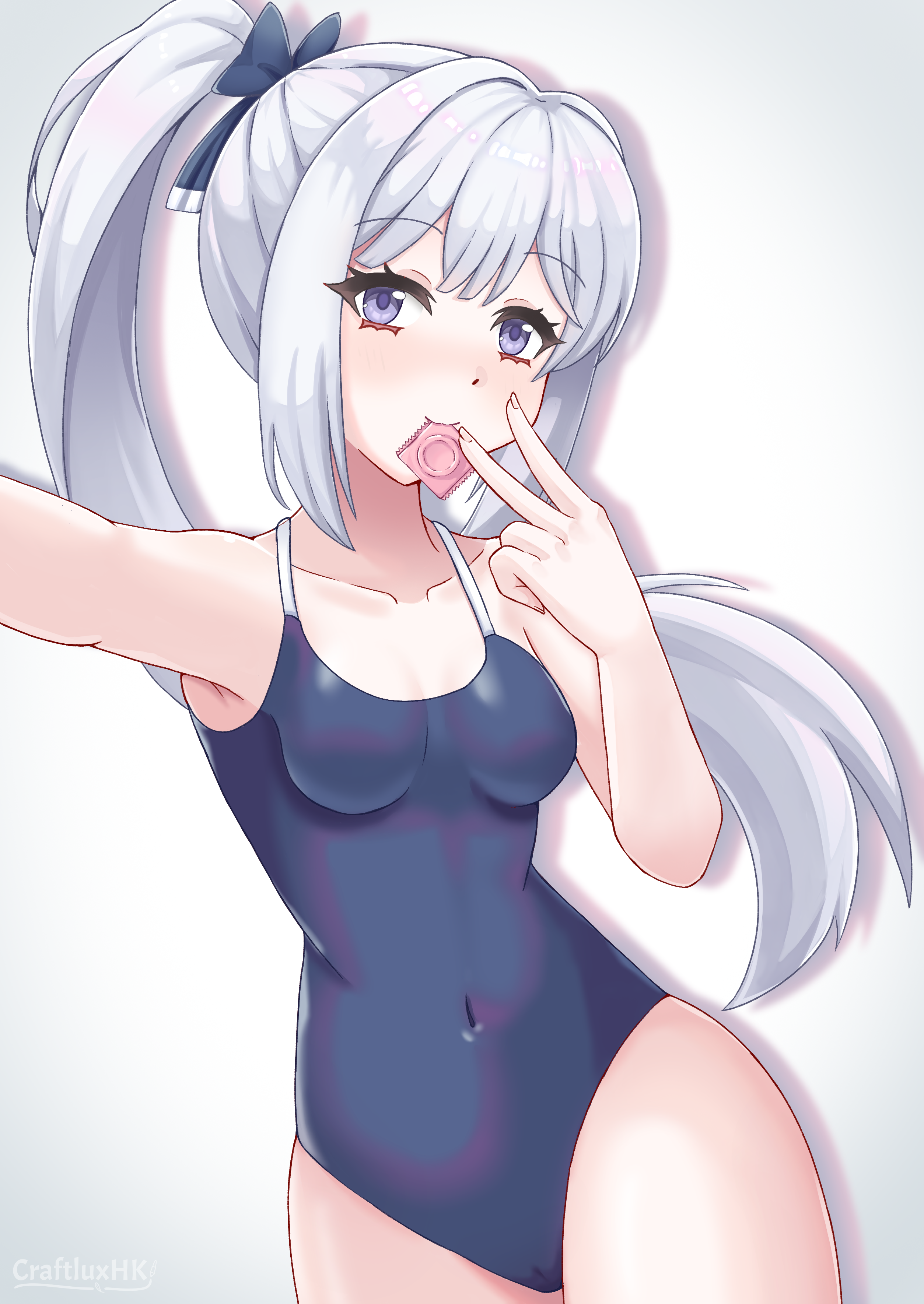 craftluxhk, miyako (blue archive), miyako (swimsuit) (blue archive), blue archive, absurdres, commentary, english commentary, highres, 1girl, blue one-piece swimsuit, breasts, competition school swimsuit, condom, condom wrapper, covered navel, cowboy shot, frills, grey hair, long hair, looking at viewer, medium breasts, mouth hold, no halo, off shoulder, one-piece swimsuit, ponytail, purple eyes, school swimsuit, selfie, solo, swimsuit, v