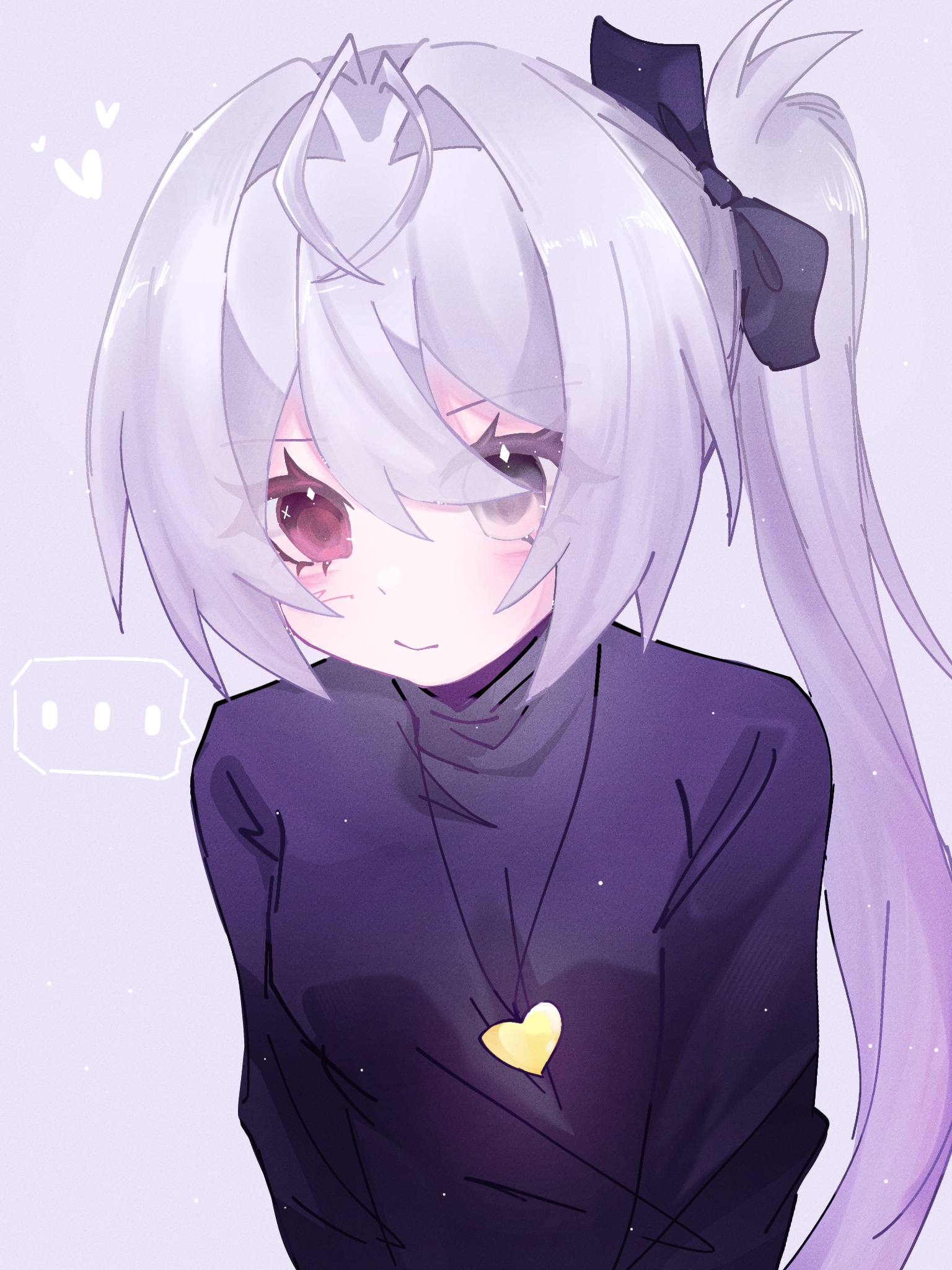 lingxiankong1, sans (undertale), undertale, utdr (toby fox), xtale, commentary request, highres, …, 1girl, alternate universe, antenna hair, black bow, black sweater, blush, bow, breasts, closed mouth, double-parted bangs, eyes visible through hair, film grain, genderswap, genderswap (mtf), gold necklace, grey background, grey hair, hair between eyes, hair bow, heart, heart necklace, heterochromia, high side ponytail, humanization, jewelry, light particles, long hair, long sleeves, looking at viewer, necklace, red eyes, side ponytail, simple background, small breasts, smile, solo, spoken ellipsis, sweater, turtleneck, turtleneck sweater, upper body, yellow eyes