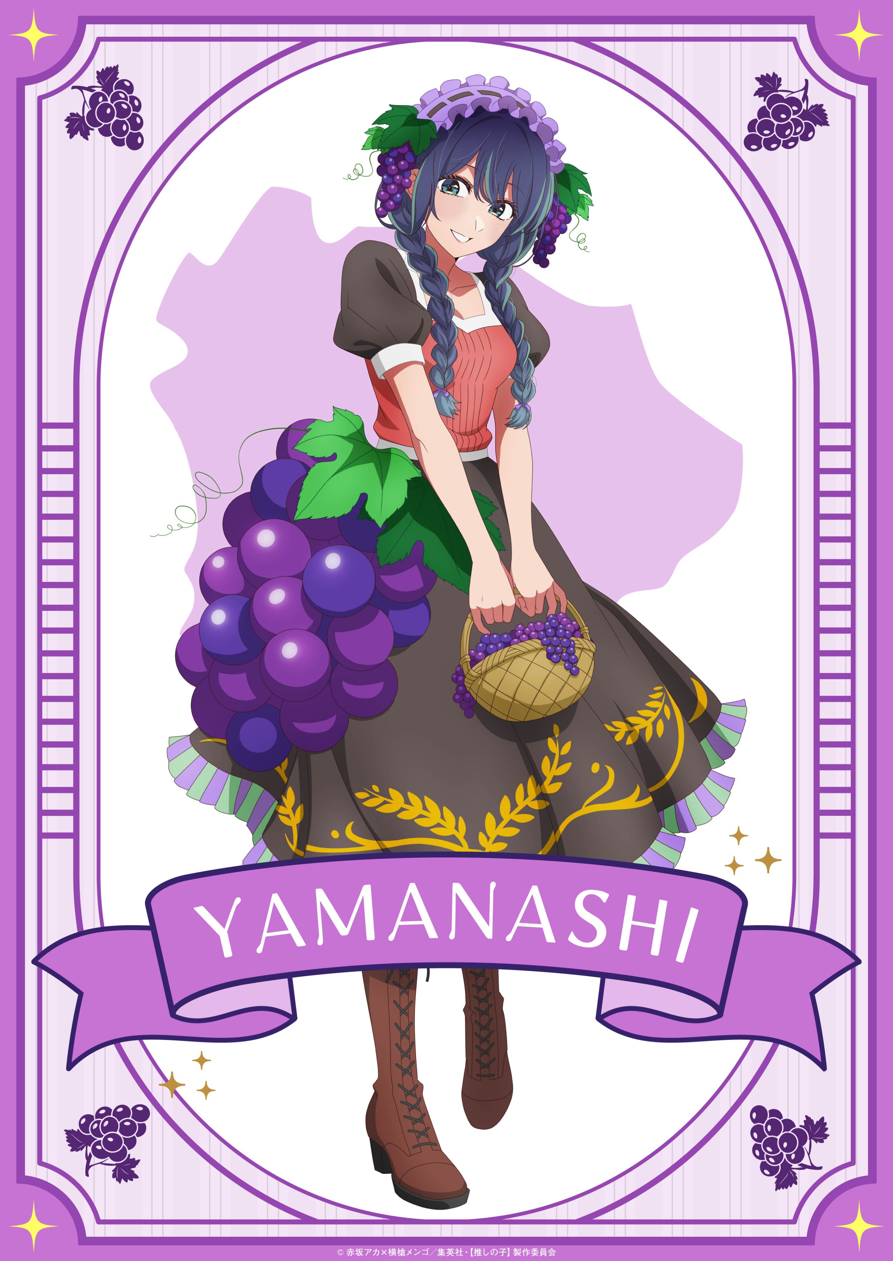 hirayama kanna, kurokawa akane, oshi no ko, absurdres, highres, official art, 1girl, aqua eyes, blue hair, blush, boots, braid, brown dress, brown shoes, dress, food, food-themed hair ornament, fruit, grape hair ornament, grapes, hair ornament, hairband, high heels, long hair, looking at viewer, purple hairband, shoes, short sleeves, smile, solo, teeth, twin braids
