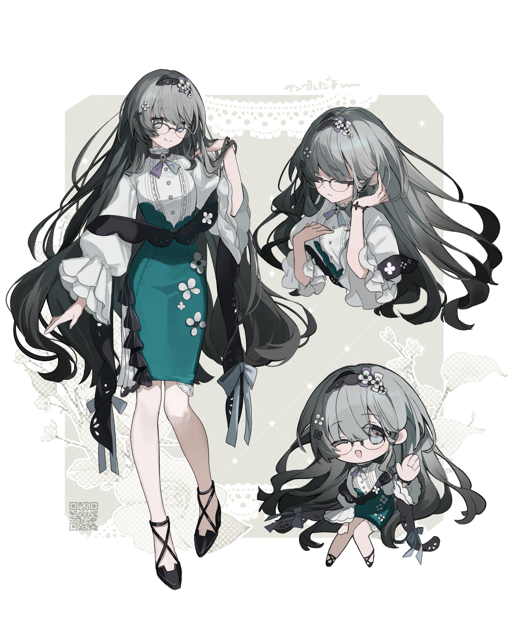 merry-san, original, highres, 1girl, aqua dress, bracelet, chibi, closed eyes, dress, dress flower, flower, frilled dress, frilled sleeves, frills, glasses, grey eyes, grey hair, hair flower, hair ornament, hand in own hair, jewelry, long hair, multicolored dress, multiple views, neck ribbon, necktie, one eye closed, qr code, ribbon, simple background, tucking hair, white dress