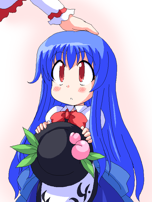 geetsu, hinanawi tenshi, nagae iku, touhou, 1girl, blue hair, child, female focus, food, fruit, hat, head pat, headpat, holding, holding unworn clothes, holding unworn hat, leaf, oekaki, peach, red eyes, solo focus, unworn hat, unworn headwear