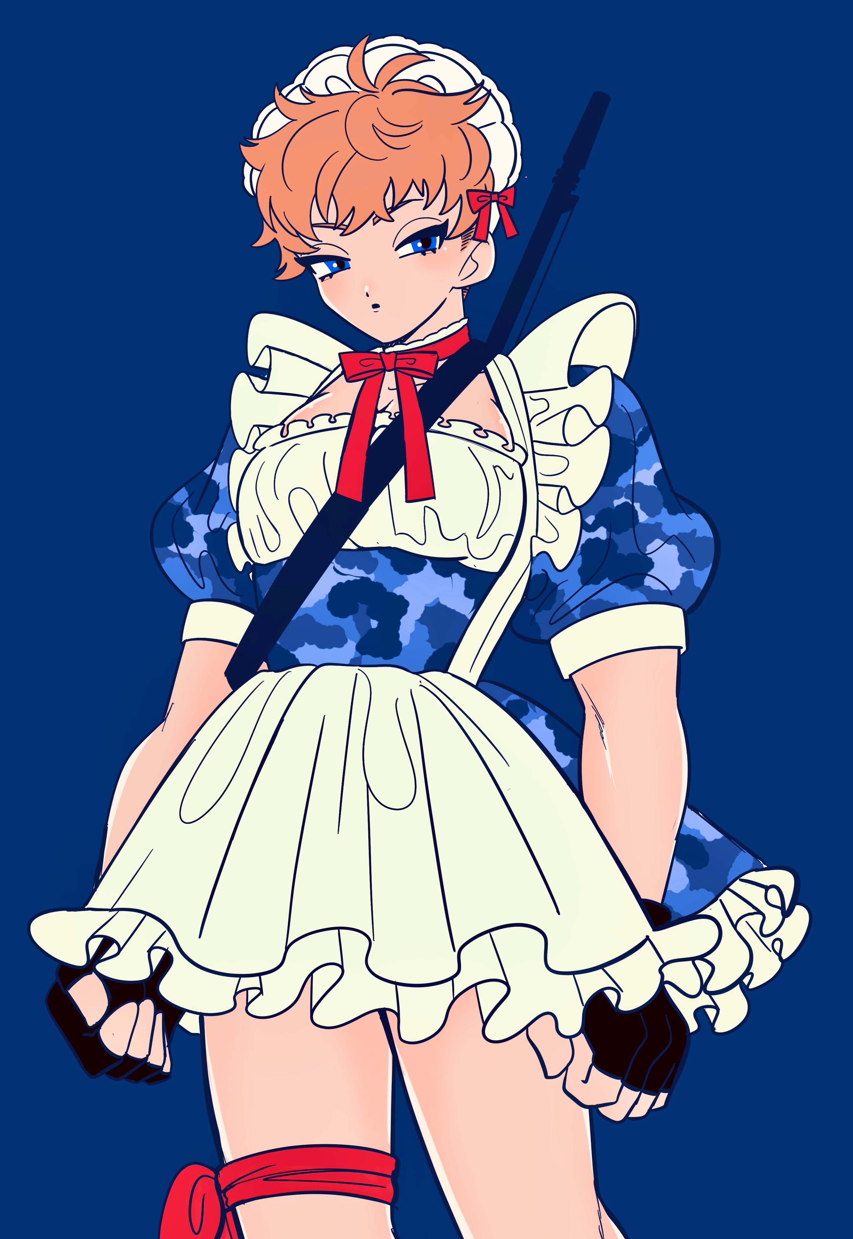 busujima mason rio, hypnosis mic, absurdres, clothing request, highres, 1girl, alternate costume, antenna hair, apron, arms at sides, black gloves, blue background, blue eyes, breasts, camouflage, camouflage dress, choppy bangs, clenched hand, closed mouth, collarbone, cowboy shot, dot mouth, dot nose, dress, enmaided, expressionless, fingerless gloves, frilled apron, frills, gloves, gun, gun on back, leg ribbon, light blush, looking at viewer, maid, maid apron, maid headdress, medium breasts, neck ribbon, orange hair, petticoat, puffy short sleeves, puffy sleeves, red ribbon, ribbon, sakuranbo291, shiny skin, short dress, short hair, short sleeves, sideburns, simple background, sleeve cuffs, solo, standing, thigh ribbon, very short hair, weapon, weapon on back, white apron