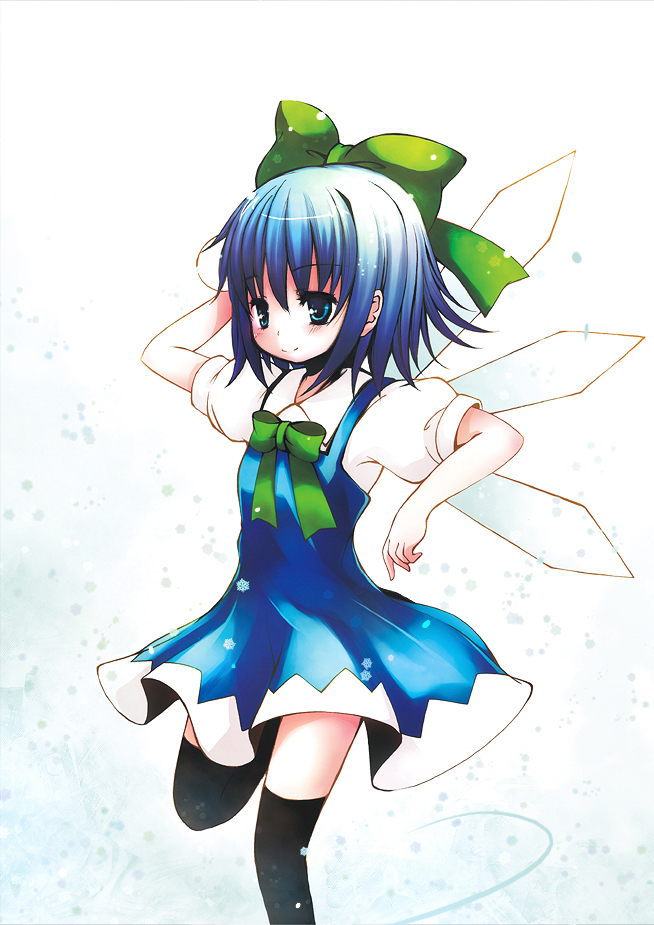 catbell, cirno, shoot the bullet, touhou, 1girl, black thighhighs, blue dress, blue eyes, blue hair, bow, bowtie, cowboy shot, dress, female focus, green bow, green bowtie, matching hair/eyes, puffy short sleeves, puffy sleeves, short sleeves, simple background, solo, standing, standing on one leg, thighhighs, white background, zettai ryouiki