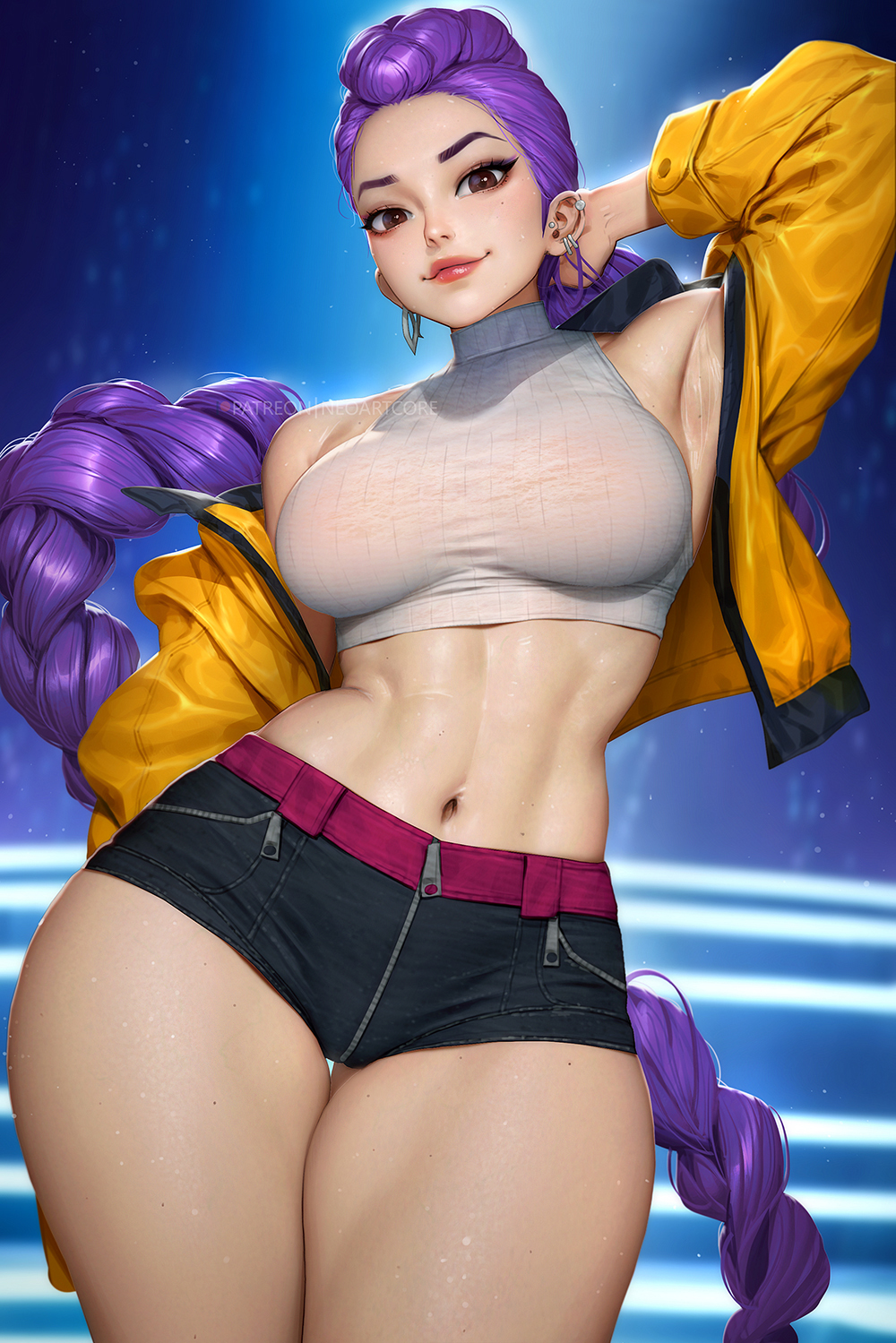 neoartcore, rumi (kpop demon hunters), kpop demon hunters, highres, 1girl, black shorts, breasts, brown hair, cropped shirt, earrings, jacket, jewelry, lips, long braid, navel, open clothes, open jacket, patreon username, purple hair, ribbed shirt, shirt, short shorts, shorts, solo, stomach, yellow jacket, zipper, zipper pull tab