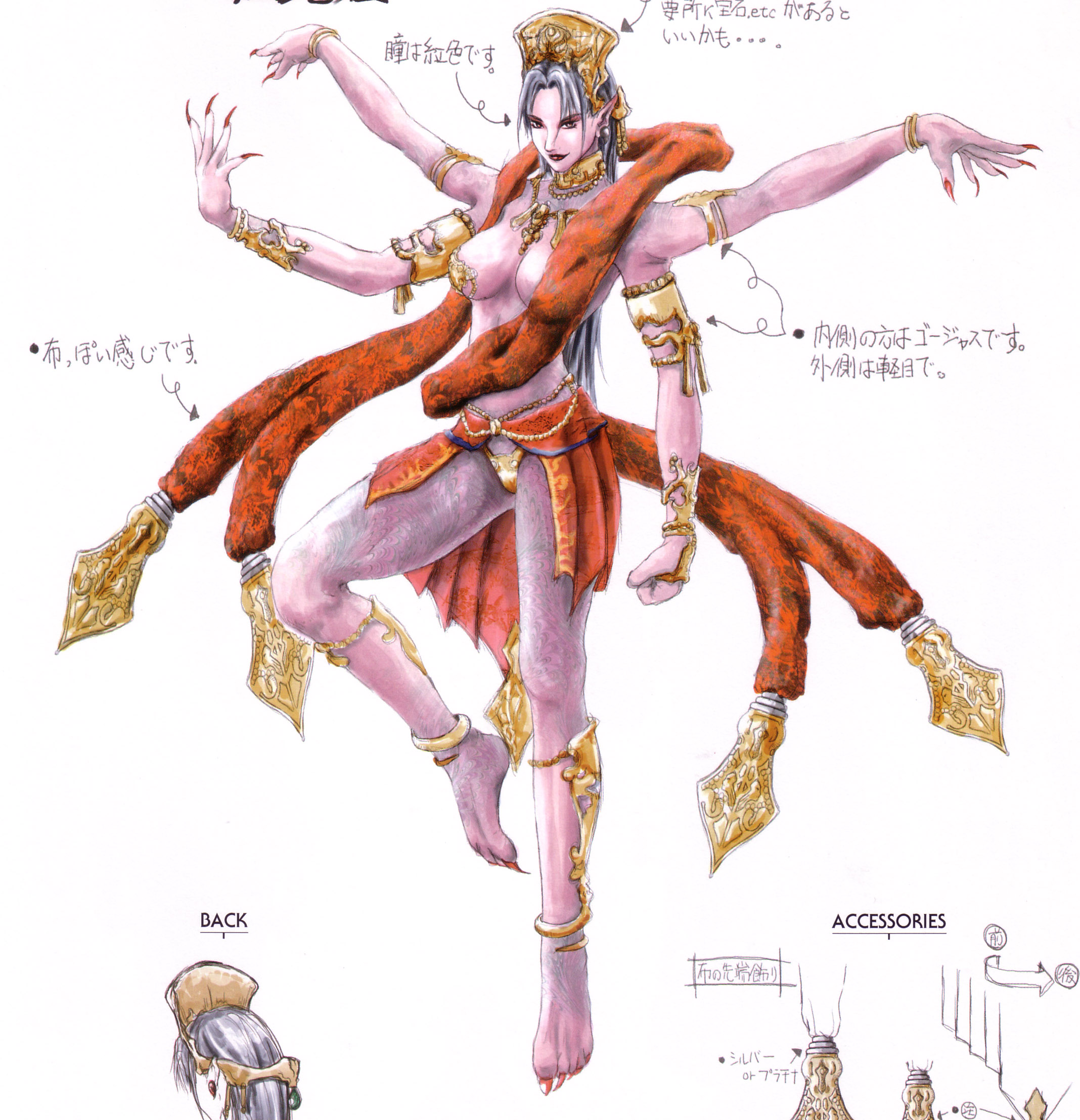 katou miyako, saki inugami, shadow hearts, shadow hearts ii, concept art, highres, official art, scan, 1girl, anklet, armlet, armor, barefoot, bikini armor, black hair, bracelet, breasts, breasts apart, clenched hand, colored skin, earrings, extra arms, female focus, fingernails, full body, groin, headdress, jewelry, large breasts, leg up, legs apart, light smile, lipstick, long fingernails, long hair, long toenails, looking at viewer, lots of jewelry, makeup, nail polish, neck ring, necklace, outstretched arms, plantar flexion, pleated skirt, pointy ears, purple skin, red eyes, reference sheet, shawl, showgirl skirt, simple background, skirt, smile, solo, standing, standing on one leg, toenail polish, toenails, very long hair, white background