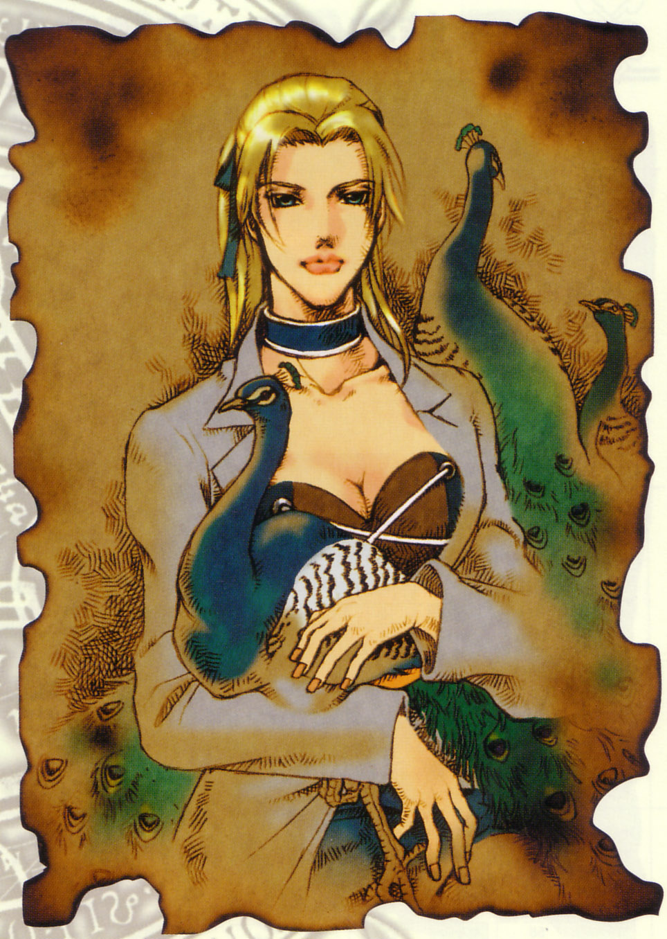 margarete gertrude zelle, shadow hearts, highres, official art, scan, bird, blonde hair, blue eyes, peacock, solo