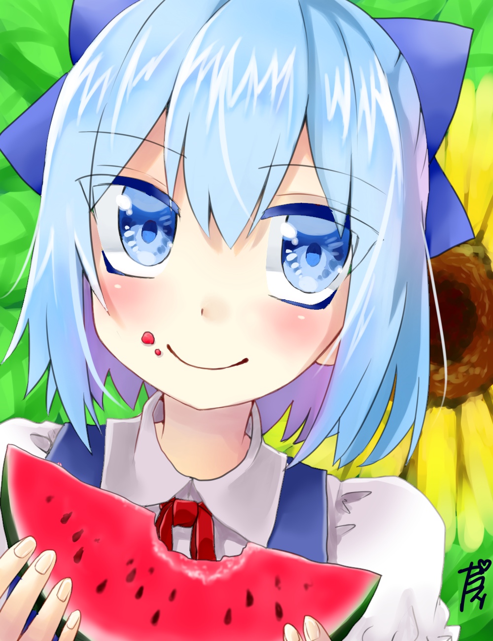 ruri-urasue-1224, cirno, touhou, commentary request, highres, 1girl, blue eyes, blue hair, bow, collared shirt, colored eyelashes, eating, flower, food, food on face, fruit, hair bow, holding, holding food, looking to the side, neck ribbon, portrait, ribbon, shirt, short hair, smile, sunflower, watermelon, watermelon slice
