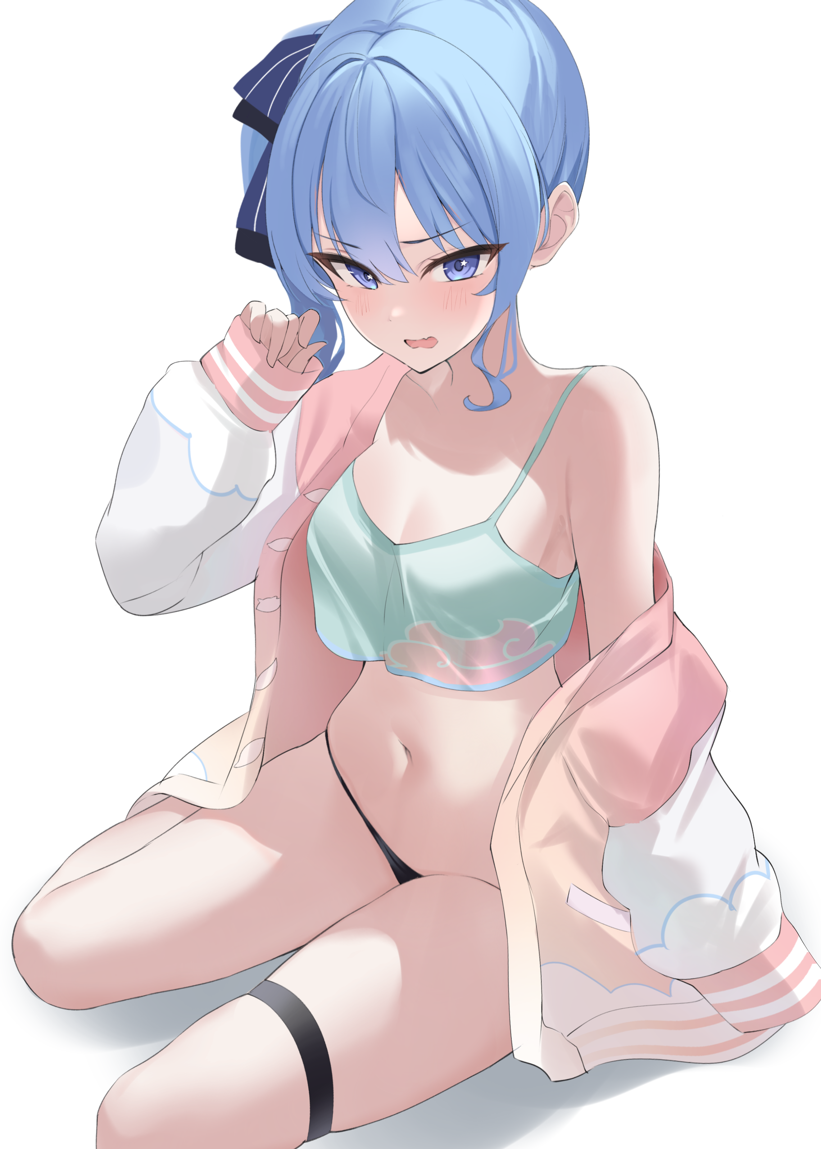 fawny, hoshimachi suisei, kazama iroha, kazama iroha (street), hololive, absurdres, commentary request, highres, 1girl, black panties, blue eyes, blue hair, blue ribbon, breasts, camisole, cleavage, cosplay, crop top, double-parted bangs, green camisole, hair between eyes, hair ribbon, hand up, jacket, kazama iroha (cosplay), letterman jacket, looking at viewer, medium hair, navel, no pants, open mouth, panties, pink jacket, raglan sleeves, ribbon, side ponytail, simple background, single off shoulder, single sidelock, single sleeve past fingers, sitting, small breasts, solo, star (symbol), star in eye, stomach, symbol in eye, thigh strap, underwear, virtual youtuber, wavy mouth, white background, white sleeves