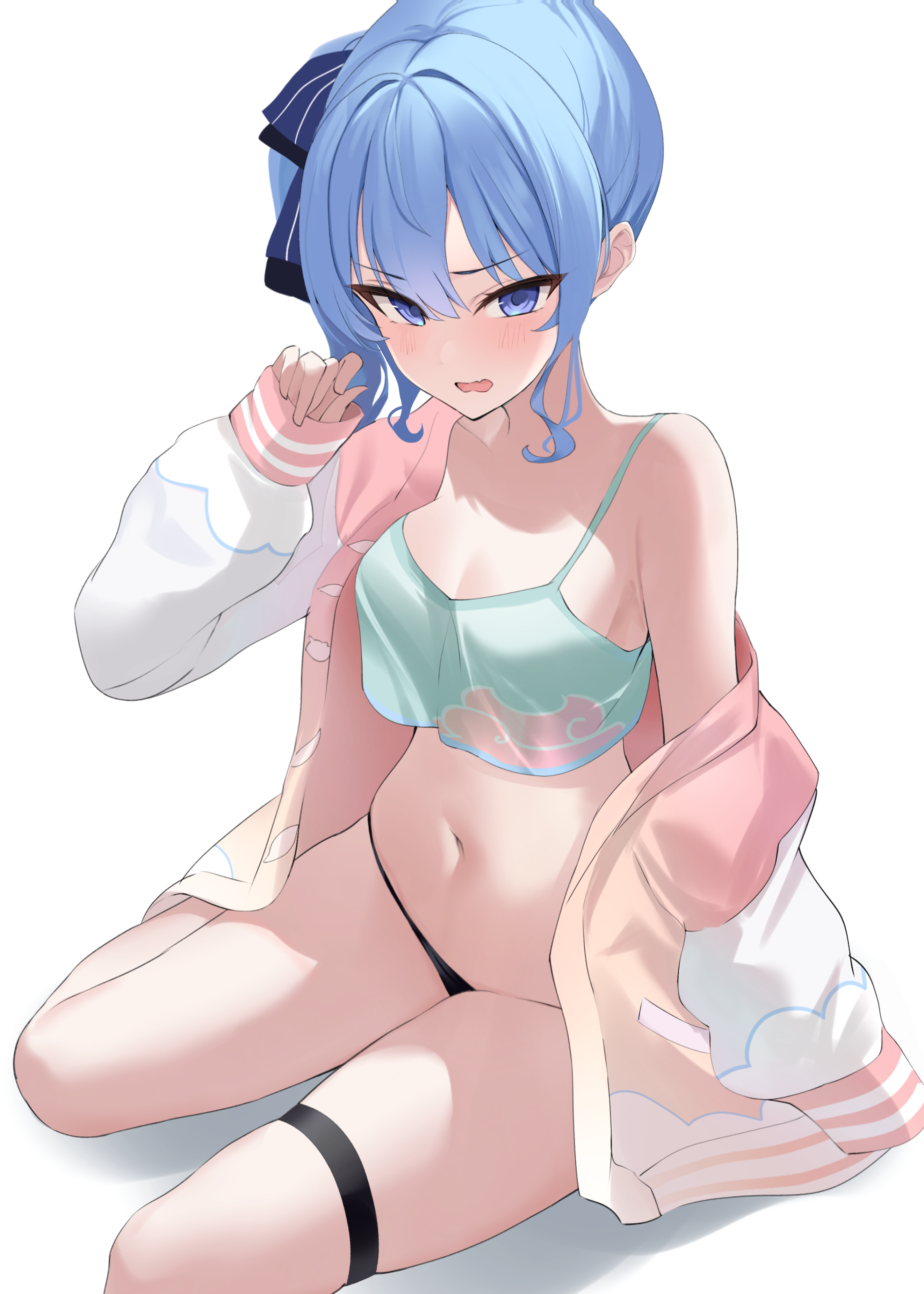 fawny, hoshimachi suisei, kazama iroha, kazama iroha (street), hololive, absurdres, commentary request, highres, 1girl, black panties, blue eyes, blue hair, blue ribbon, breasts, camisole, cleavage, cosplay, crop top, double-parted bangs, green camisole, hair between eyes, hair ribbon, hand up, jacket, kazama iroha (cosplay), letterman jacket, looking at viewer, medium hair, navel, no pants, open mouth, panties, pink jacket, raglan sleeves, ribbon, side ponytail, simple background, single off shoulder, single sidelock, single sleeve past fingers, sitting, small breasts, solo, stomach, thigh strap, underwear, virtual youtuber, wavy mouth, white background, white sleeves
