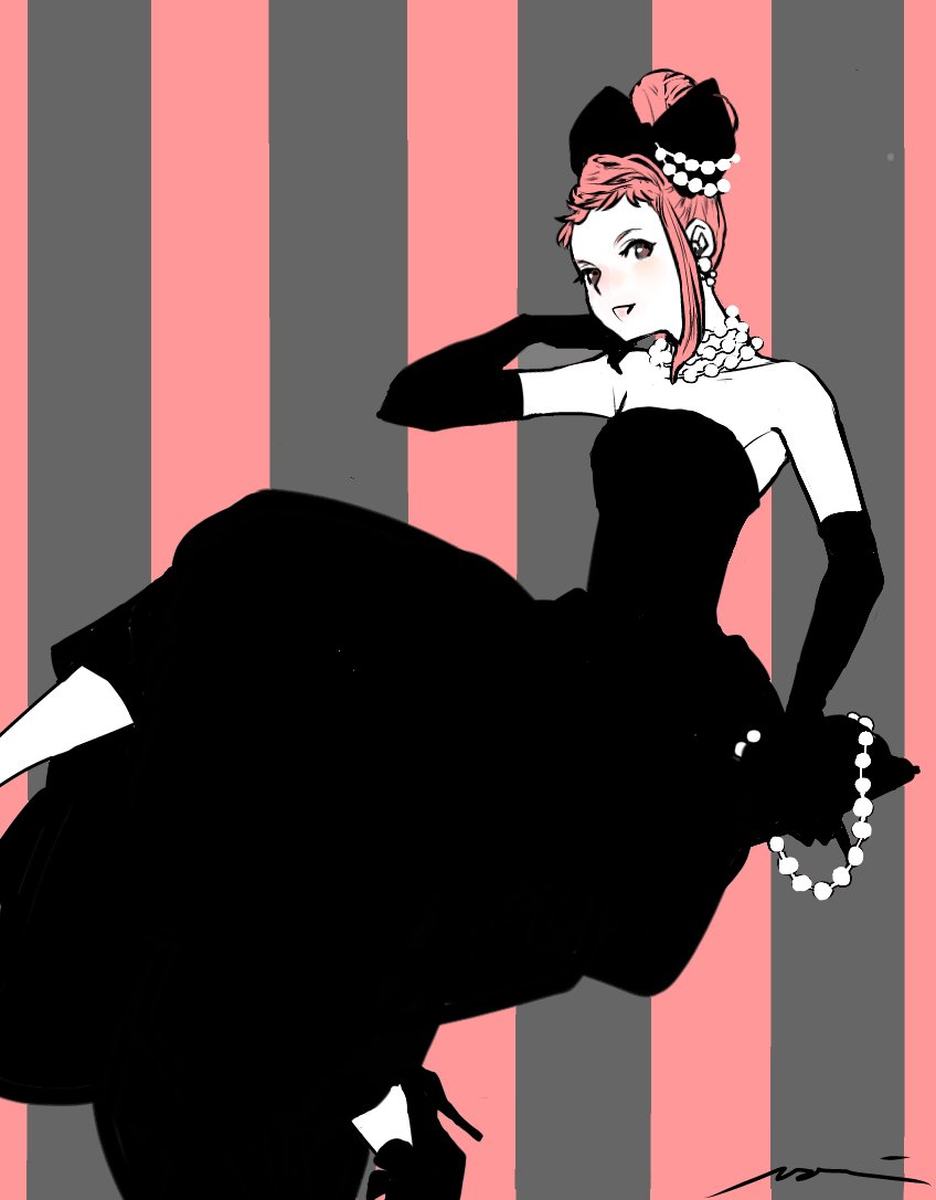 mochi (hanamaruudondesu), penelo, final fantasy, final fantasy xii, 1girl, bead necklace, beads, black dress, brown eyes, dress, elbow gloves, foot out of frame, gloves, high heels, jewelry, looking at viewer, necklace, open mouth, smile, solo