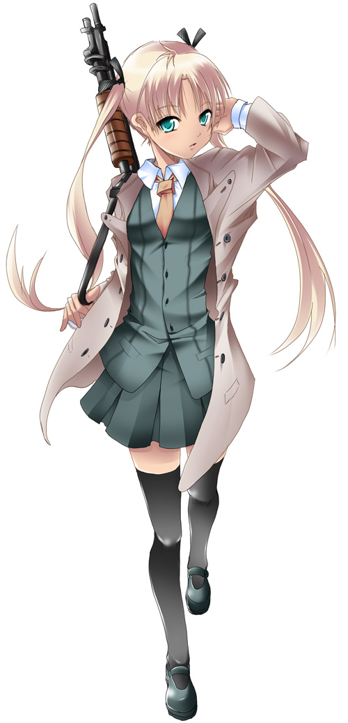 nana (732 kaiten), triela, gunslinger girl, 00s, blonde hair, blue eyes, dark-skinned female, dark skin, gun, long hair, pump action, shotgun, solo, thighhighs, twintails, weapon, winchester model 1897