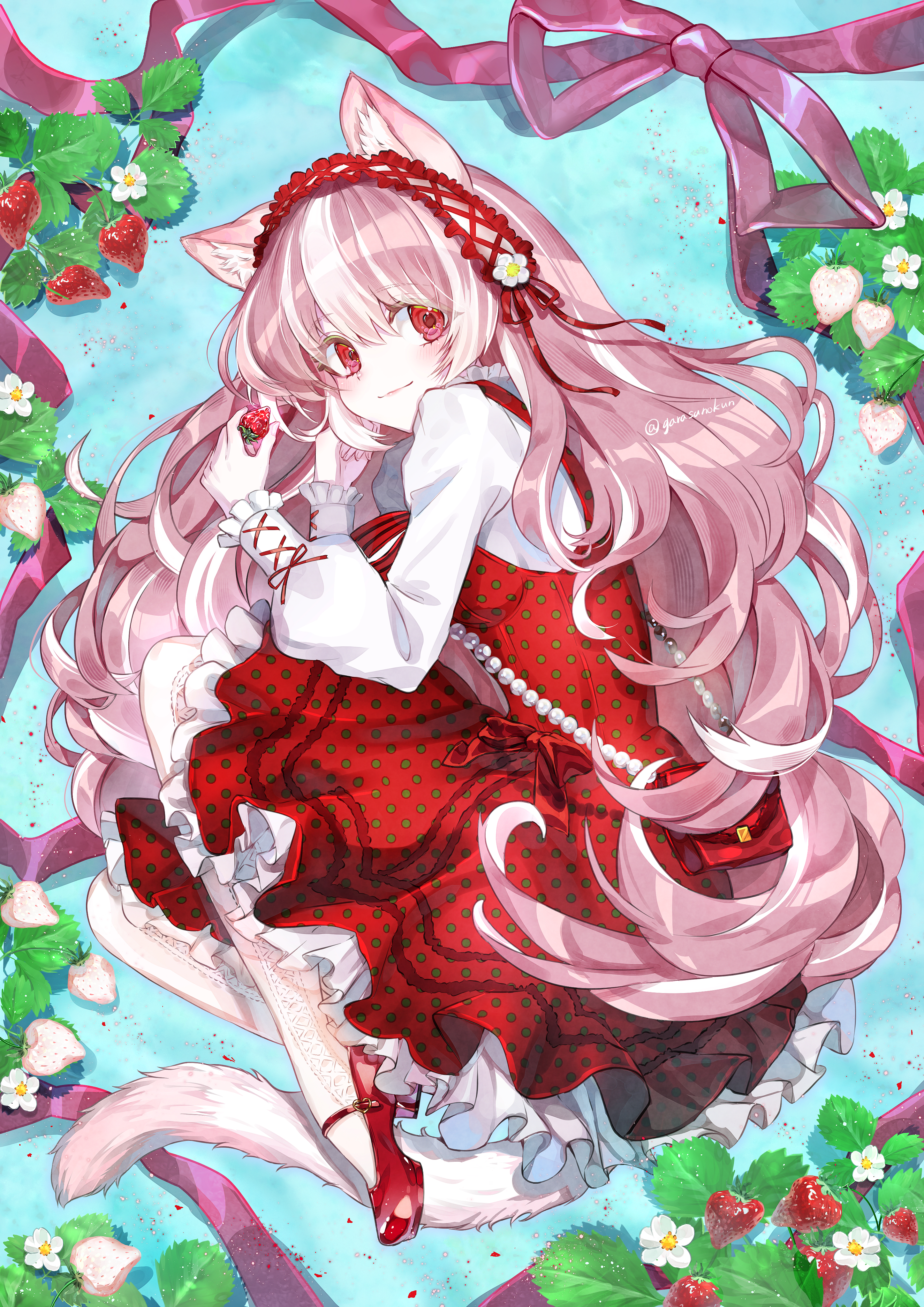 ruri-urasue-1224, original, absurdres, commentary request, highres, 1girl, animal ears, bag, cat ears, cat girl, cat tail, dress, flower, food, fruit, full body, hairband, high heels, holding, holding food, holding fruit, juliet sleeves, lolita hairband, long hair, long sleeves, looking to the side, lying, multicolored hair, on side, pantyhose, pinafore dress, pink hair, puffy sleeves, red eyes, ribbon, shoulder bag, sleeveless, sleeveless dress, smile, solo, strawberry, strawberry blossoms, streaked hair, tail, very long hair, white hair