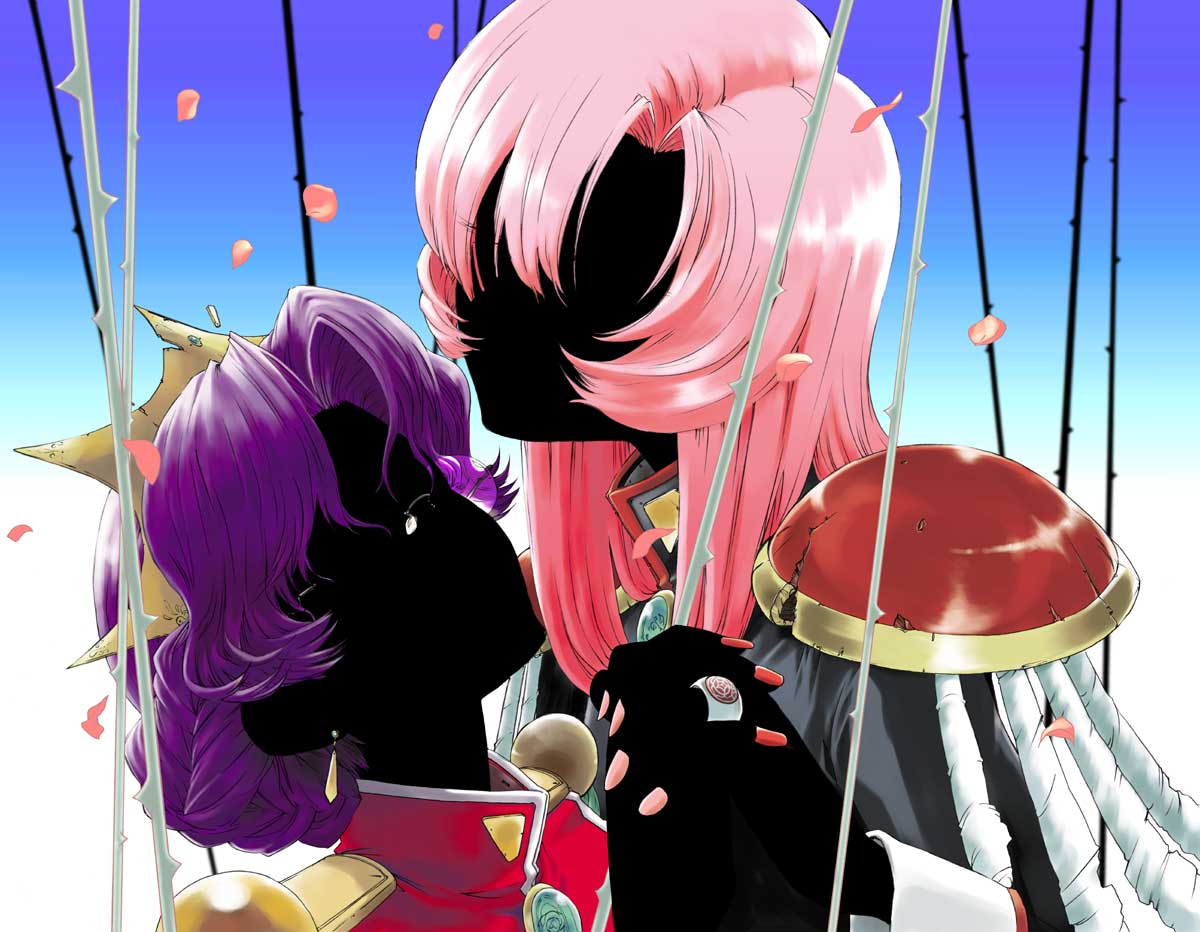 ak2, himemiya anthy, tenjou utena, shoujo kakumei utena, 1990s (style), 2girls, epaulettes, holding hands, interlocked fingers, long hair, multiple girls, petals, pink hair, purple hair, short hair, yuri