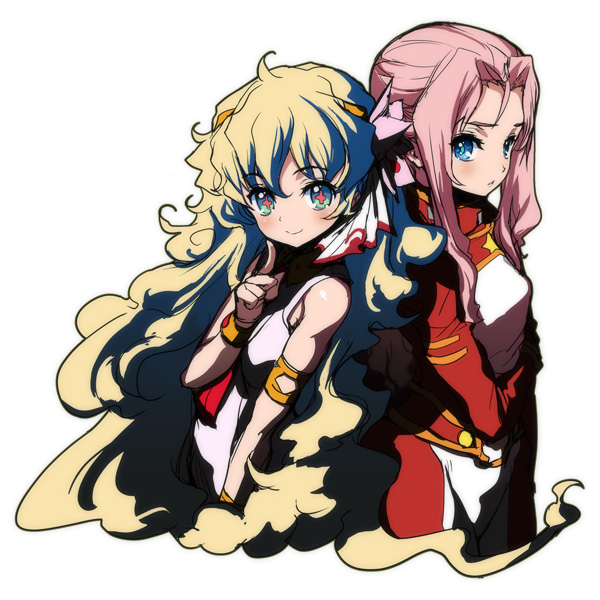 akaga hirotaka, darry adai, nia teppelin, tengen toppa gurren lagann, + +, 00s, 2girls, armlet, back-to-back, blonde hair, blue eyes, blush, bodysuit, bracelet, cross-shaped pupils, curly hair, flat chest, green eyes, hair ornament, hairband, jewelry, long hair, multicolored eyes, multiple girls, pink hair, pointing, sleeveless, smile, symbol-shaped pupils, very long hair, wavy hair