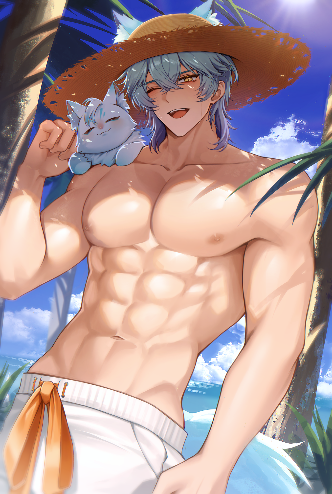 solcha, original, highres, 1boy, abs, animal ears, blue hair, cat, cat boy, cat ears, gradient hair, hat, long hair, male focus, male swimwear, multicolored hair, muscular, muscular male, navel, nipples, one eye closed, solo, stomach, straw hat, topless male, white male swimwear, yellow eyes