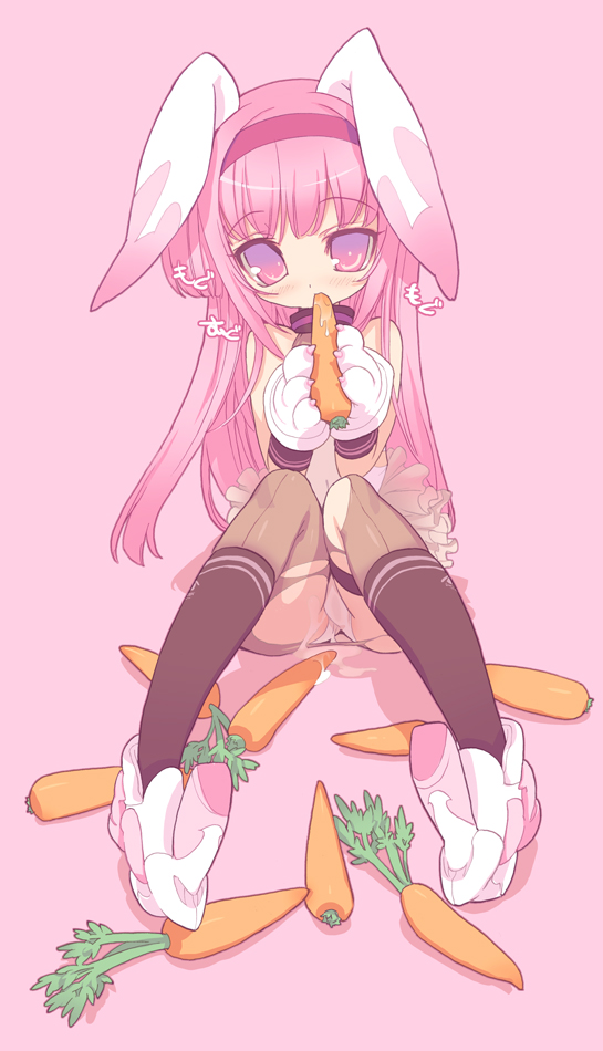 blade (galaxist), original, torn legwear, bad id, bad pixiv id, 1girl, animal ears, animal hands, blush, carrot, eating, female focus, frills, gloves, hairband, leotard, long hair, panties, pantyhose, pantyshot, paw gloves, pink eyes, pink hair, rabbit ears, saliva, sexually suggestive, simple background, sitting, socks, solo, torn clothes, underwear