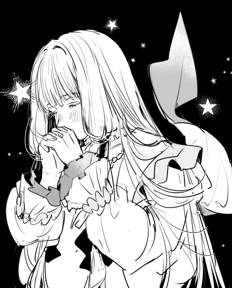 noah (fate), fate/grand order, fate (series), commentary request, 1boy, androgynous, bell sleeves, bishounen, black background, blush, closed eyes, greyscale, hands up, interlocked fingers, light particles, long hair, long sleeves, low-tied sidelocks, male focus, monochrome, own hands clasped, own hands together, praying, profile, pu tan inu, sidelocks, simple background, solo, star (symbol), star symbol background, straight hair, u u