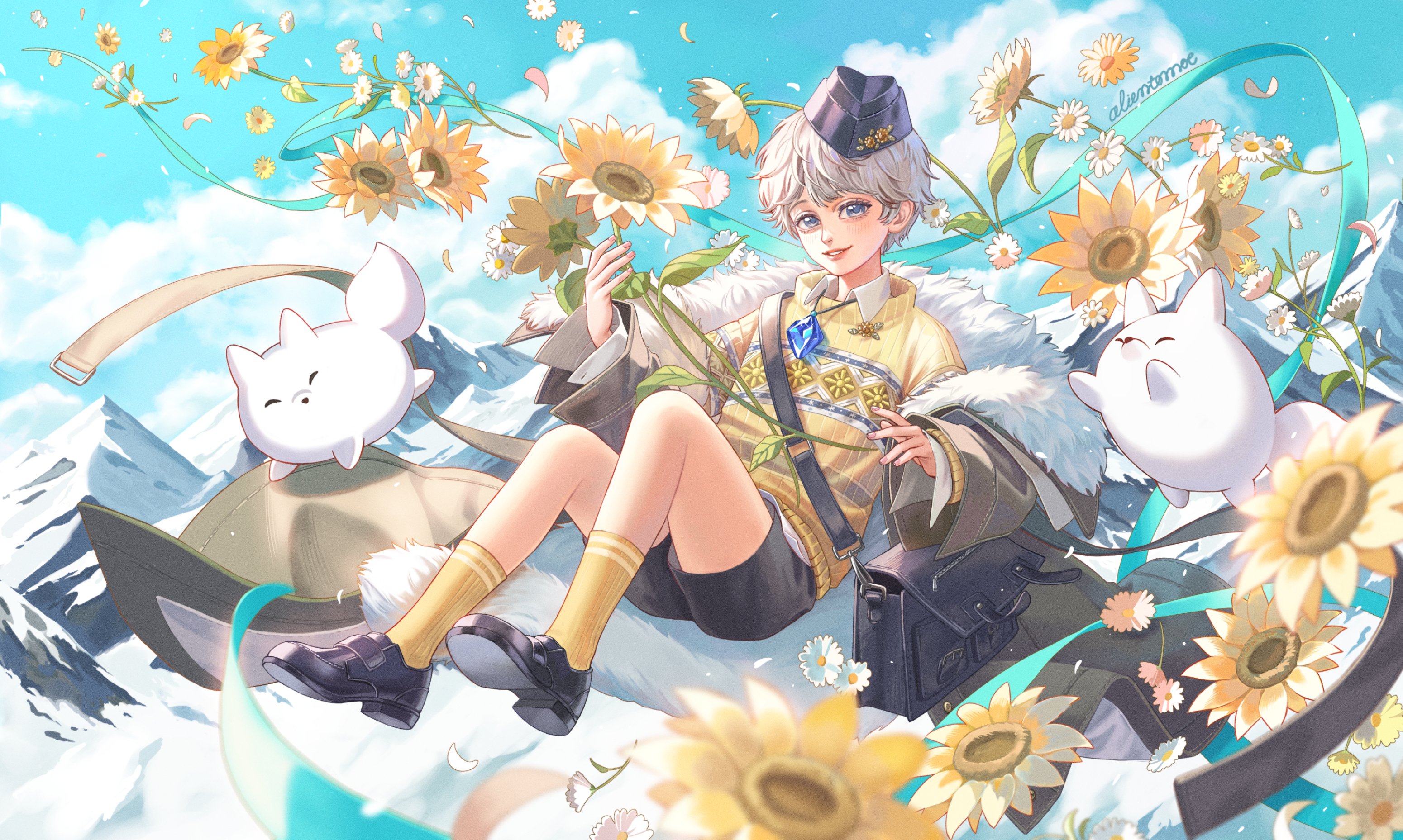 avgust (reverse:1999), reverse:1999, highres, 1boy, alientomoe, arctic fox, bag, black shoes, black shorts, blue eyes, blue hat, blue sky, cloud, cloudy sky, coat, daisy (flower), floating, flower, full body, fur-trimmed coat, fur trim, garrison cap, grey coat, grin, hat, knees up, male focus, mountain, open clothes, open coat, outdoors, school bag, shoes, short hair, shorts, shoulder bag, sky, smile, snow, socks, solo, sunflower, sweater, white flower, yellow flower, yellow socks, yellow sweater