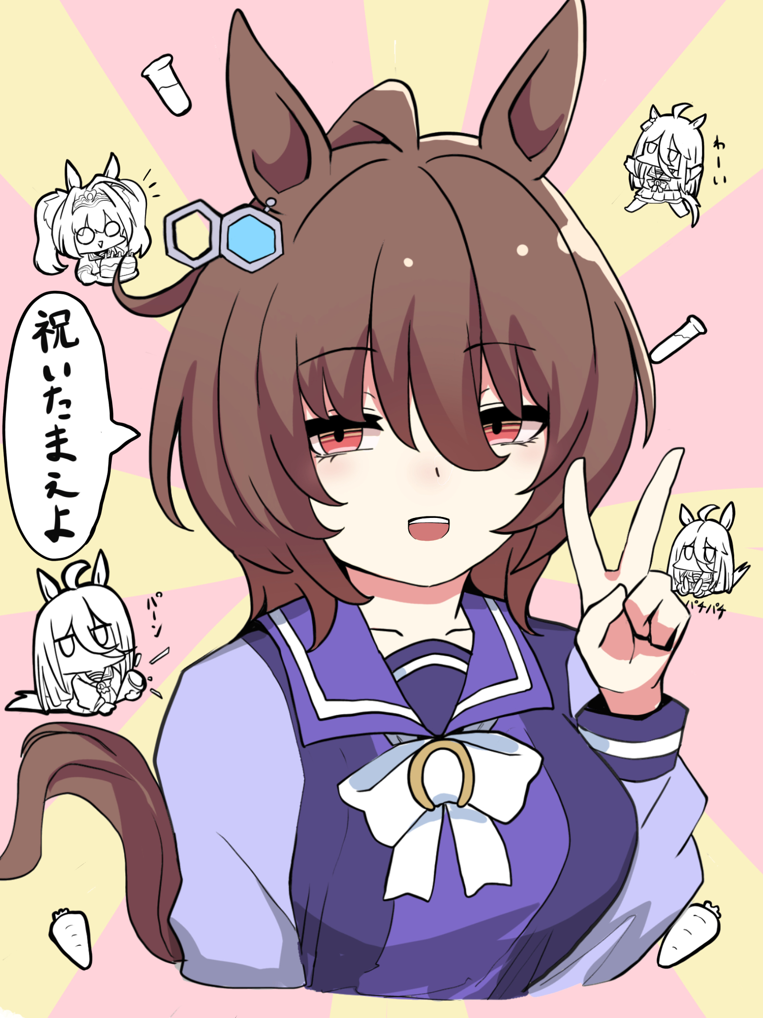 kawamochi (tddm3573), daiwa scarlet (umamusume), manhattan cafe (umamusume), umamusume, highres, translation request, 3girls, :d, ahoge, animal ears, bow, breasts, brown hair, chibi, cropped torso, hair between eyes, hand up, horse ears, horse girl, horse tail, jitome, long sleeves, looking at viewer, medium breasts, multiple girls, multiple views, o o, open mouth, party popper, puffy long sleeves, puffy sleeves, purple shirt, red eyes, school uniform, shirt, smile, sunburst, sunburst background, tail, tiara, tracen school uniform, twintails, v, white bow