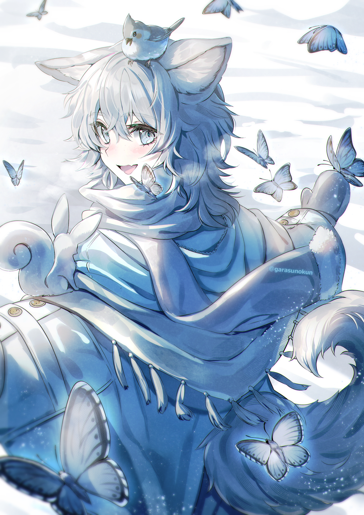 ruri-urasue-1224, original, commentary request, highres, 1girl, animal, animal ear fluff, animal ears, animal on head, animal on shoulder, bird, bird on head, bug, butterfly, butterfly on hand, coat, fang, from behind, grey eyes, grey hair, insect, long hair, looking back, mittens, on head, open mouth, outstretched arms, scarf, skin fang, smile, snow, tail