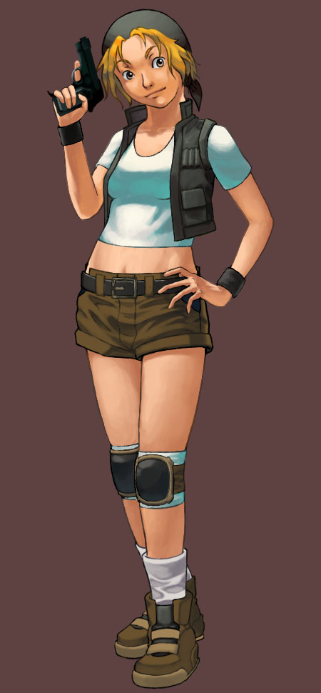 kakibure, kasamoto eri, metal slug, bad id, bad pixiv id, belt, blonde hair, blouse, gun, handgun, headband, jacket, knee pads, midriff, military, navel, pistol, semi-automatic pistol, shirt, short shorts, shorts, solo, weapon, white shirt