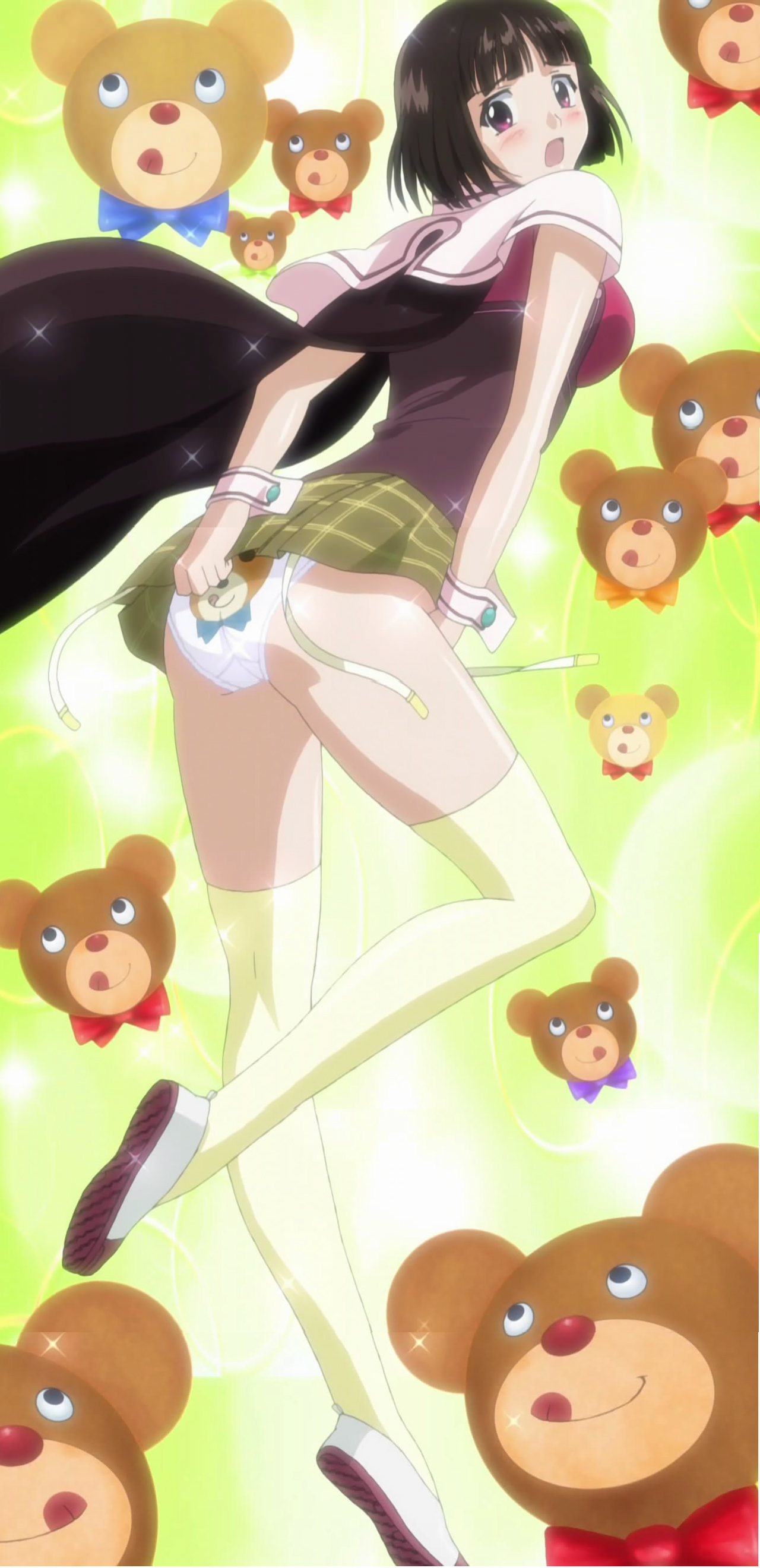 sendou yukari, rosario+vampire, absurdres, anime screenshot, highres, 00s, 1girl, :q, aged up, black hair, bob cut, female focus, garter belt, panties, pantyshot, plaid clothes, plaid skirt, purple eyes, school uniform, short hair, skirt, sleeveless, solo, stuffed animal, stuffed toy, teddy bear, thighhighs, tongue, tongue out, underwear, upskirt, wrist cuffs