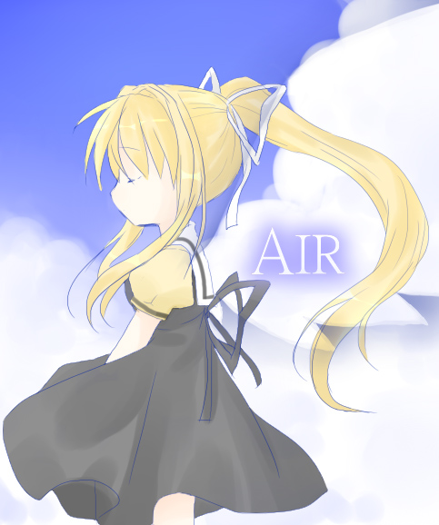 kamio misuzu, air (visual novel), 00s, blonde hair, closed eyes, hair ribbon, long hair, ponytail, ribbon, school uniform, solo, very long hair