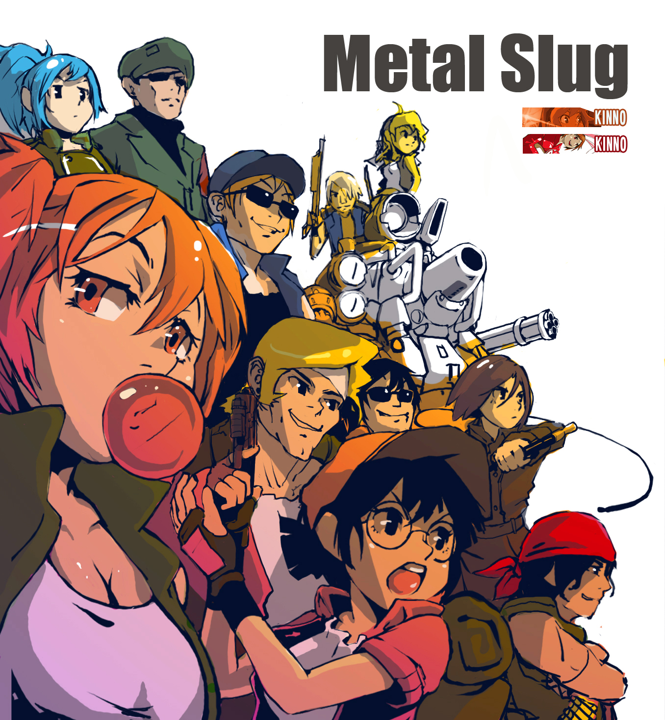 kinno, clark still, fio germi, heidern, kasamoto eri, leona heidern, marco rossi, nadia cassel, ralf jones, tarma roving, trevor spacey, whip (kof), metal slug, snk, the king of fighters, vehicle, bad id, bad pixiv id, highres, 4girls, 6+boys, black hair, blonde hair, blowing bubble gum, blowing bubbles, blue hair, breasts, brown eyes, brown hair, chewing gum, cleavage, everyone, gatling gun, glasses, gloves, gun, handgun, hat, headband, jacket, large breasts, long hair, midriff, military, military vehicle, motor vehicle, multiple-barrel gun, multiple boys, multiple girls, pistol, ponytail, red hair, semi-automatic pistol, sunglasses, sv001 (metal slug), sv001 (metalslug), tank, weapon