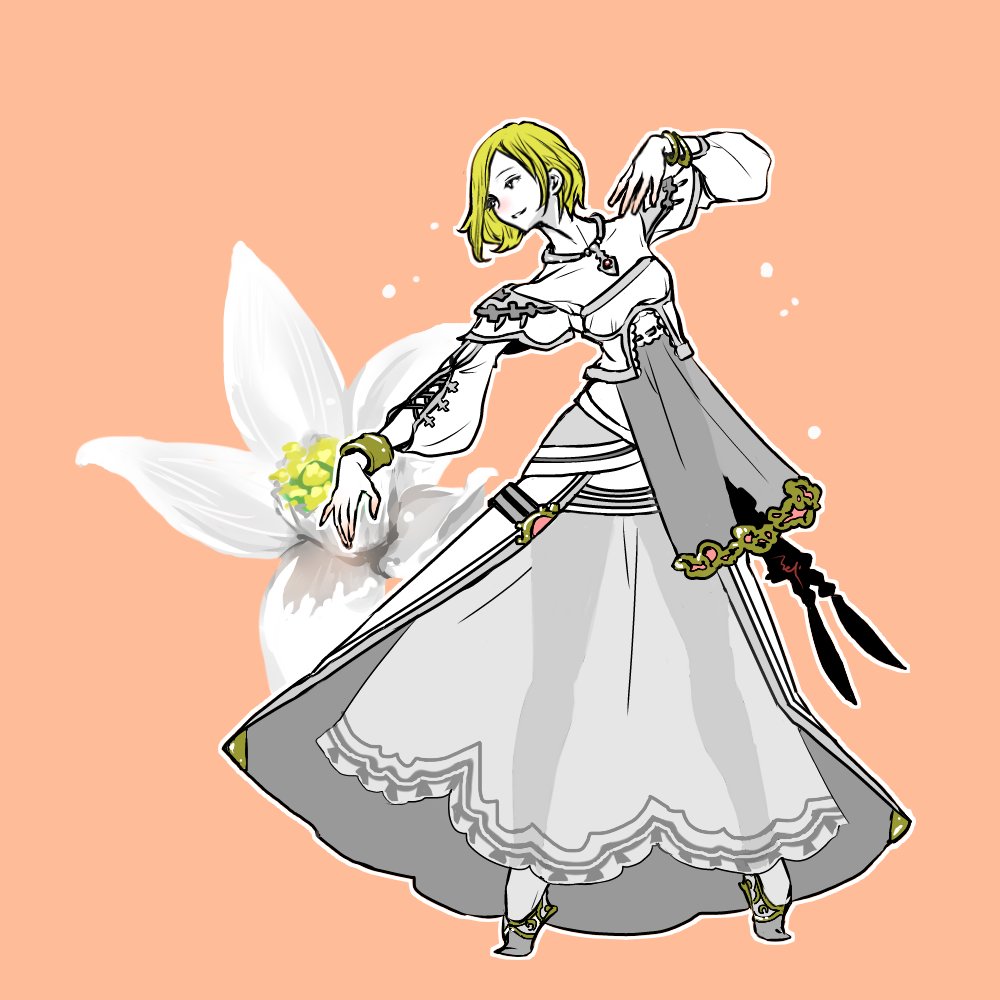 mochi (hanamaruudondesu), ashelia b'nargin dalmasca, final fantasy, final fantasy xii, 1girl, blonde hair, dress, flower, full body, jewelry, see-through clothes, see-through dress, short hair, smile, solo, white dress