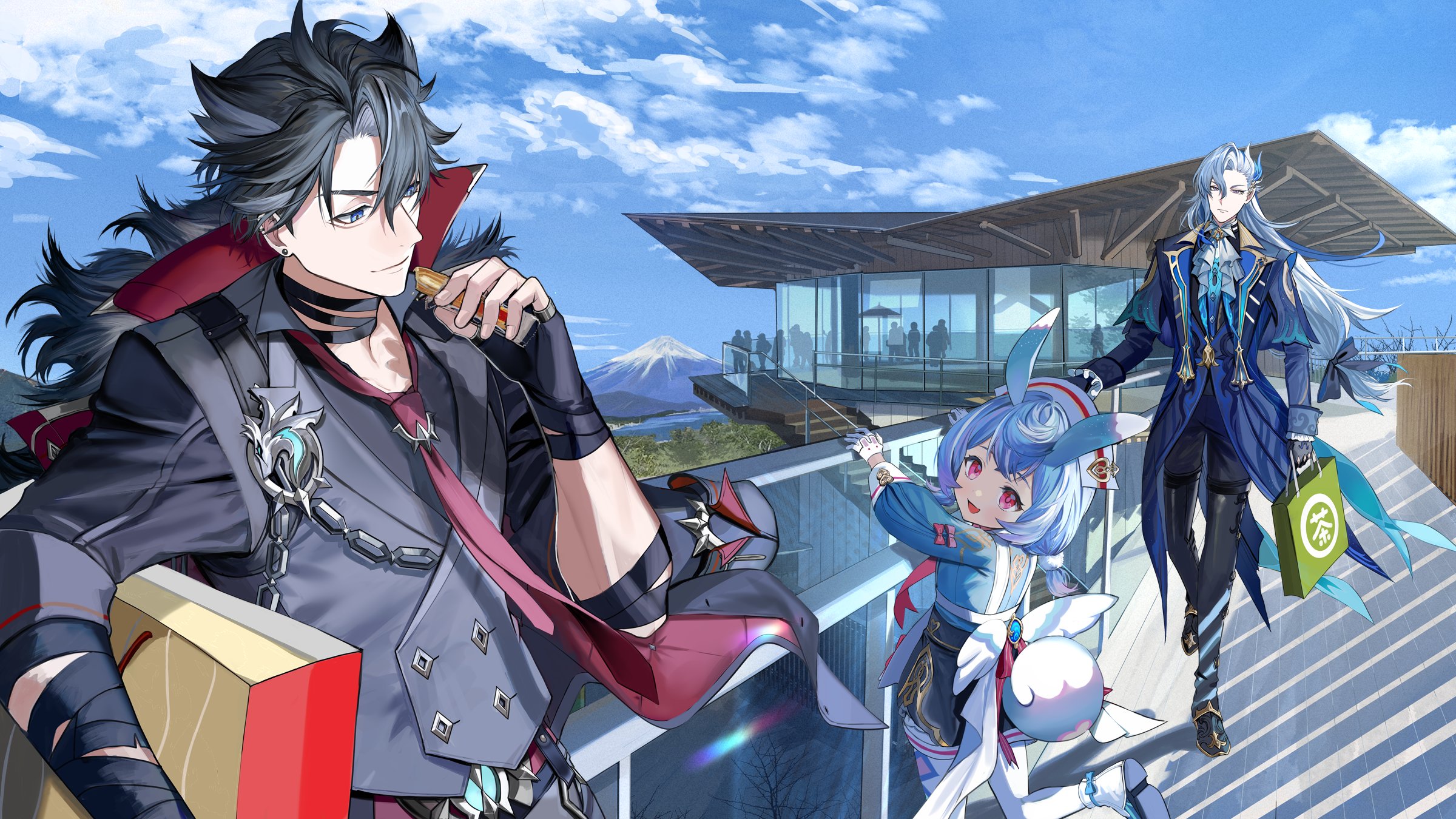 border0715, neuvillette (genshin impact), sigewinne (genshin impact), wriothesley (genshin impact), genshin impact, highres, 1girl, 2boys, animal ears, ascot, bandaged arm, bandages, black gloves, black hair, black shirt, blue coat, blue hair, blue jacket, blush, closed mouth, coat, earrings, fingerless gloves, fur trim, gloves, grey hair, grey vest, hair between eyes, hair ornament, hat, holding, jacket, jewelry, long hair, long sleeves, low twintails, multicolored hair, multiple boys, necktie, nurse cap, open mouth, pantyhose, pointy ears, red eyes, red necktie, shirt, short hair, smile, streaked hair, thighhighs, twintails, vest, white gloves, white hair, white pantyhose, white thighhighs