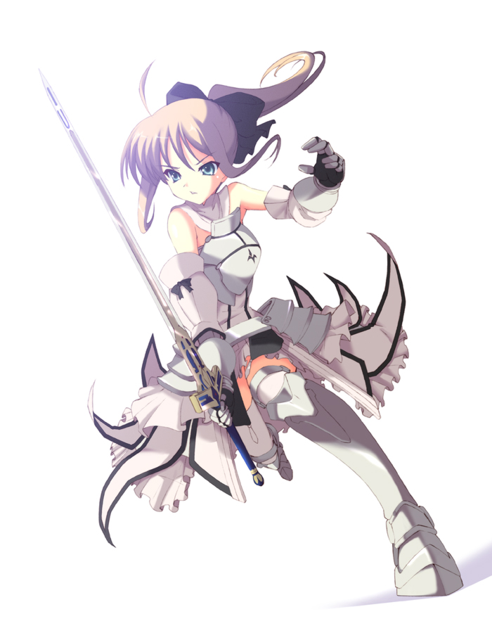 hayakawa harui, artoria pendragon (fate), saber (fate), saber lily, capcom, fate/stay night, fate/unlimited codes, fate (series), 00s, 1girl, ahoge, aqua eyes, armor, armored dress, bare shoulders, blonde hair, detached sleeves, dress, female focus, gauntlets, ponytail, solo, sword, weapon