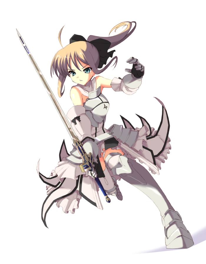 hayakawa harui, artoria pendragon (fate), saber (fate), saber lily, capcom, fate/stay night, fate/unlimited codes, fate (series), 00s, 1girl, ahoge, aqua eyes, armor, armored dress, bare shoulders, blonde hair, detached sleeves, dress, female focus, gauntlets, ponytail, solo, sword, weapon