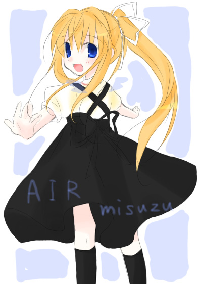 kamio misuzu, air (visual novel), 00s, blonde hair, blue eyes, hair ribbon, long hair, ponytail, ribbon, school uniform, solo