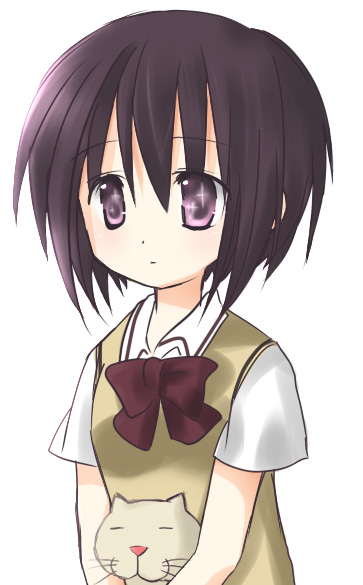 kawazoe tamaki, bamboo blade, 00s, bob cut, cat, purple eyes, purple hair, school uniform, short hair, solo