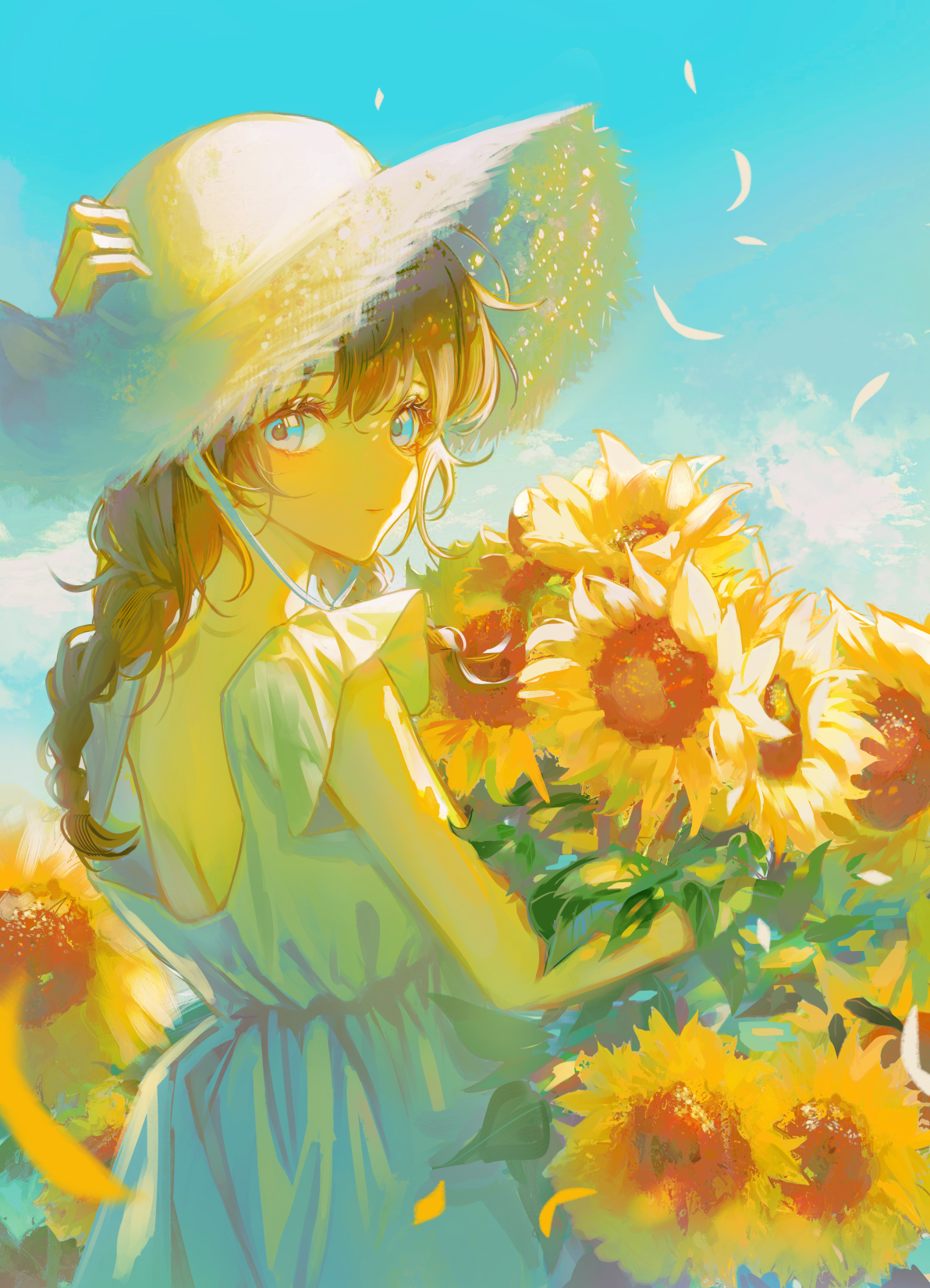 lium, original, commentary request, highres, 1girl, backless dress, backless outfit, blue eyes, braid, brown hair, day, dress, field, flower, flower field, from behind, hand on headwear, hat, holding, holding flower, long hair, looking back, outdoors, short sleeves, sky, smile, solo, straw hat, sun hat, sunflower, sunflower field, twin braids