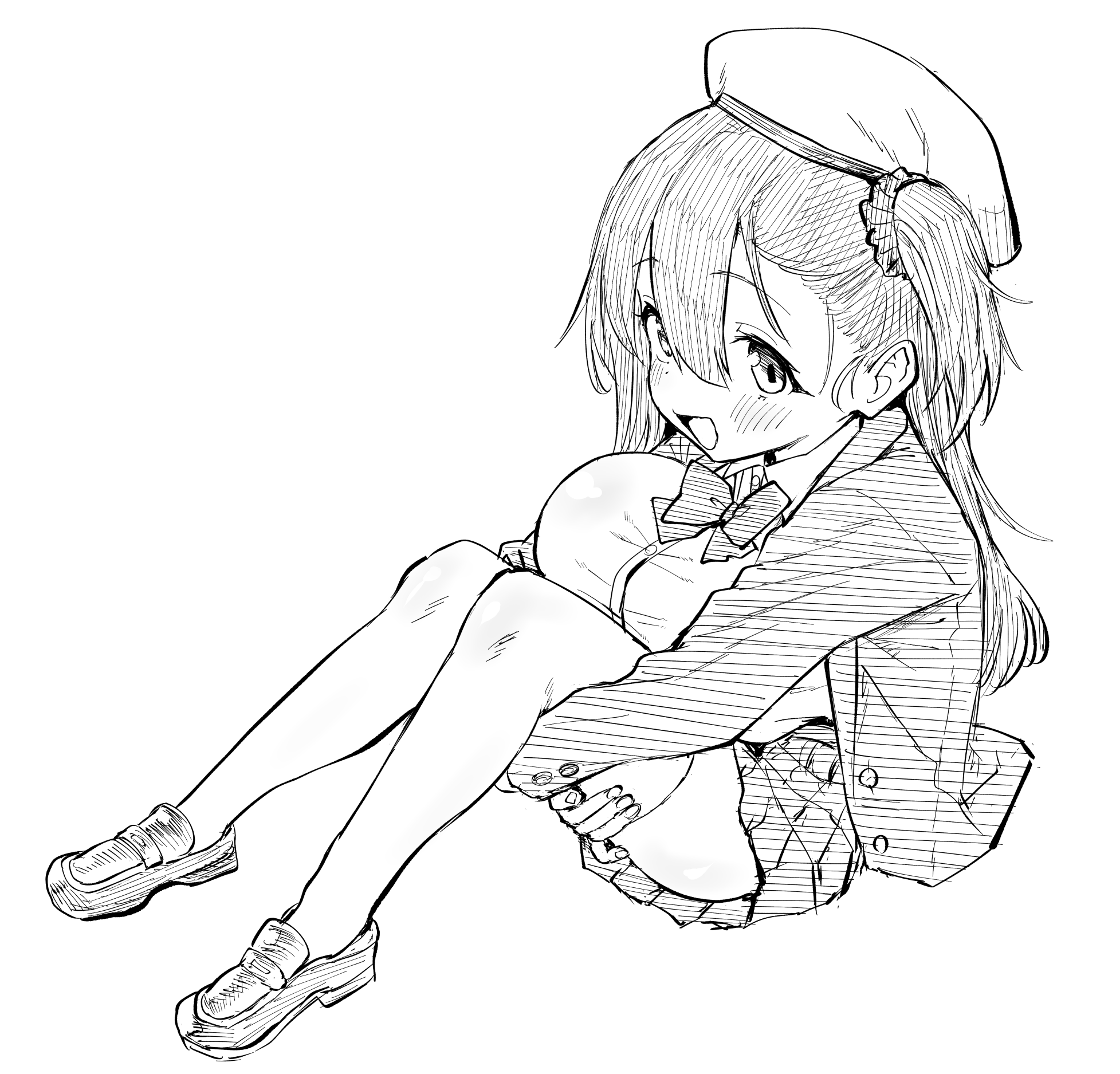 original, highres, 1girl, asymmetrical hair, blazer, blush, bow, bowtie, breasts, full body, greyscale, hair ornament, hair scrunchie, hat, huge breasts, hugging own legs, jacket, large breasts, loafers, long hair, looking at viewer, monochrome, one side up, open mouth, oppai loli, pleated skirt, school uniform, scrunchie, shirt, shoes, sitting, skirt, smile, solo, thighhighs, votexxx, white background