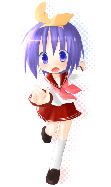 hiiragi tsukasa, lucky star, 00s, blue eyes, hair ribbon, purple hair, ribbon, school uniform, serafuku, short hair, solo
