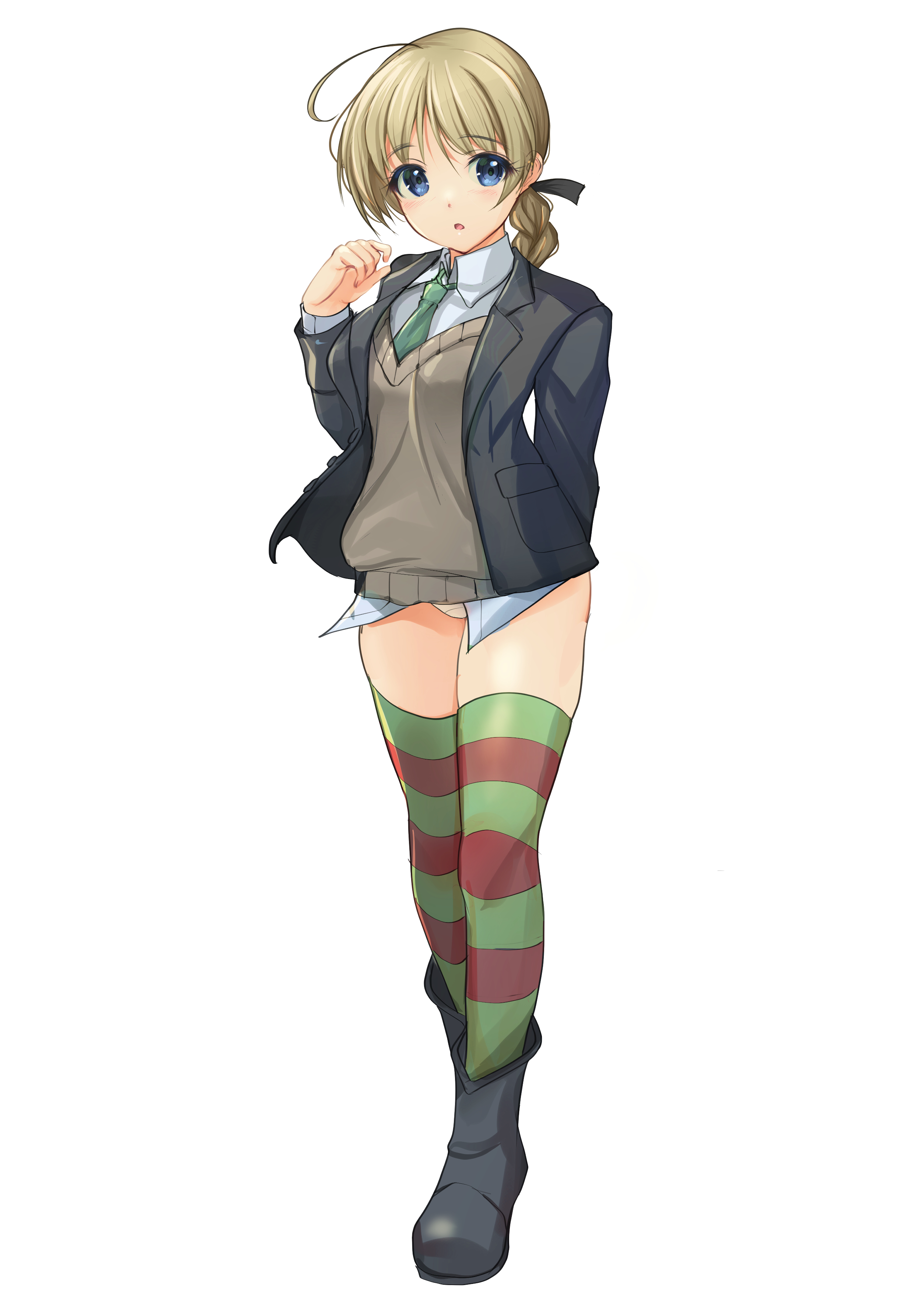 yashin (yasinz), lynette bishop, strike witches, world witches series, absurdres, bad source, commentary request, highres, 1girl, ahoge, black jacket, blazer, blue eyes, braid, brown hair, collared shirt, crotch seam, dress shirt, full body, green neckerchief, green thighhighs, grey sweater, jacket, multicolored thighhighs, neckerchief, no pants, panties, shirt, shirt under sweater, simple background, single braid, solo, sweater, thighhighs, underwear, white background, white panties, white shirt