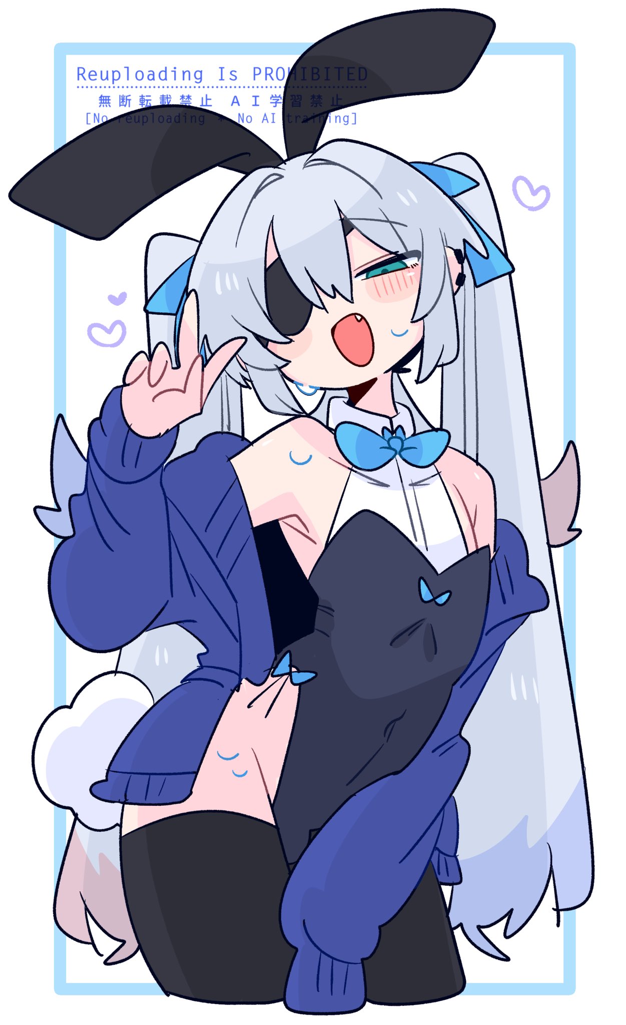 op na yarou, original, commentary, highres, 1boy, animal ears, bare shoulders, black leotard, black thighhighs, blue bow, blue bowtie, blue cardigan, blue eyes, blush, bow, bowtie, bulge, cardigan, collarbone, covered navel, covering crotch, covering privates, cowboy shot, crossdressing, crossdressing (mtf), earclip, eyepatch, fake animal ears, fang, hair between eyes, hair bow, hair intakes, hand up, heart, highleg, highleg leotard, leotard, long hair, long sleeves, looking at viewer, male focus, male playboy bunny, narrowed eyes, no nose, one eye covered, open cardigan, open clothes, open mouth, rabbit ears, rabbit tail, raised inner eyebrows, rigel (op na yarou), sidelocks, simple background, sleeves past fingers, sleeves past wrists, solo, standing, sweat, tail, thighhighs, trap, twintails, v, very long hair, watermark, white background, white hair