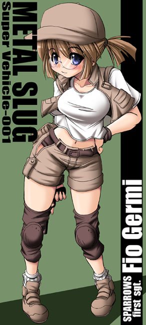 tonpuu, fio germi, metal slug, snk, 1girl, belt, blue eyes, blush, breasts, brown hair, female focus, glasses, hat, jacket, knee pads, midriff, navel, ponytail, shoes, short shorts, shorts, solo, wristband