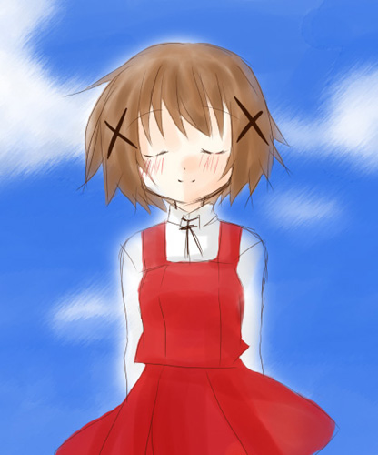 yuno (hidamari sketch), hidamari sketch, lowres, 00s, brown hair, closed eyes, school uniform, short hair, solo, yamabuki high school uniform
