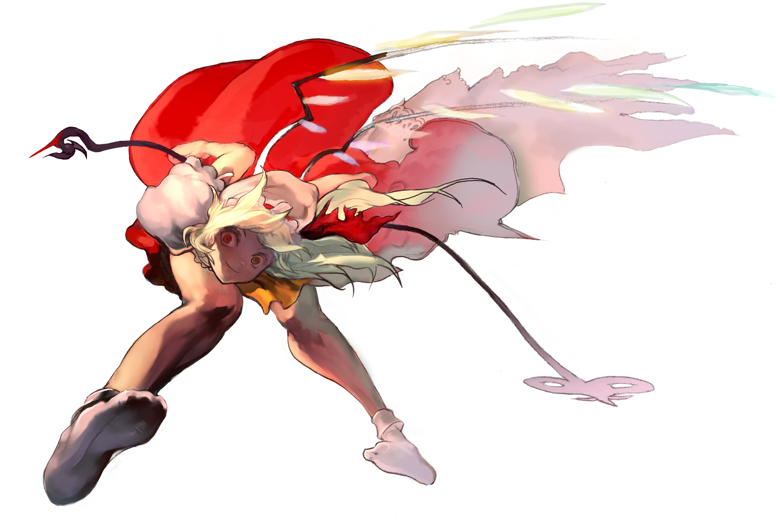 usapiyo, flandre scarlet, touhou, 1girl, blonde hair, blouse, female focus, hat, laevatein, mob cap, red eyes, shirt, socks, solo, vampire, white hat, white shirt, white socks, wings