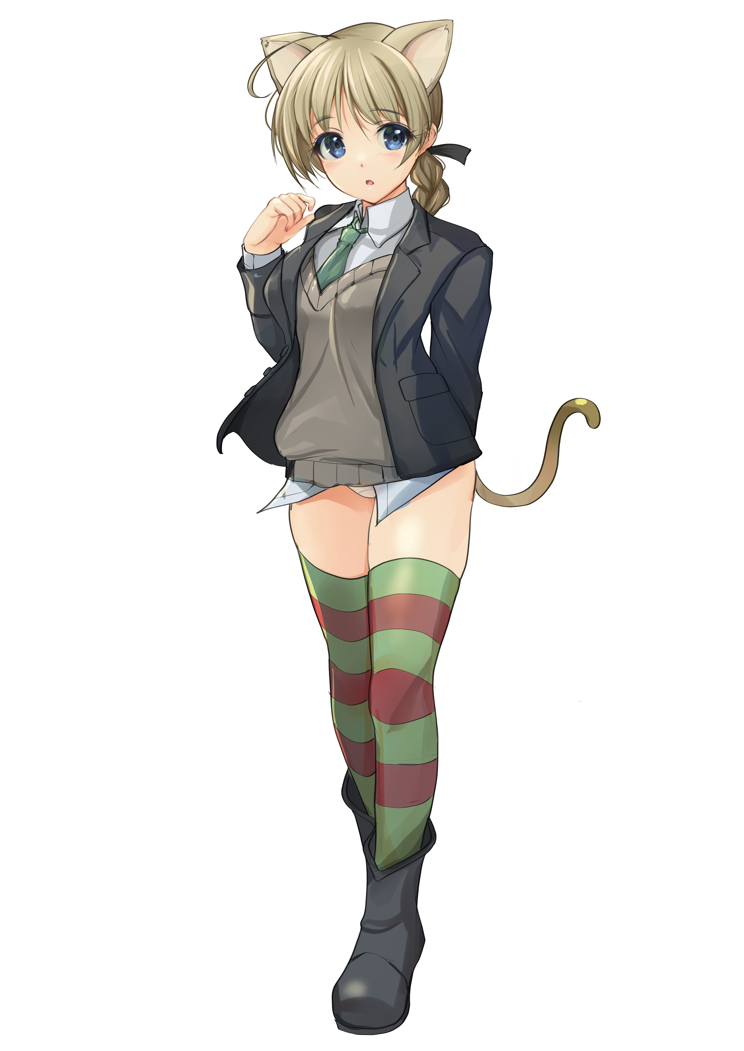 yashin (yasinz), lynette bishop, strike witches, world witches series, absurdres, bad source, commentary request, highres, 1girl, ahoge, black jacket, blazer, blue eyes, braid, brown hair, collared shirt, crotch seam, dress shirt, full body, green neckerchief, green thighhighs, grey sweater, jacket, multicolored thighhighs, neckerchief, no pants, panties, shirt, shirt under sweater, simple background, single braid, solo, sweater, thighhighs, underwear, white background, white panties, white shirt