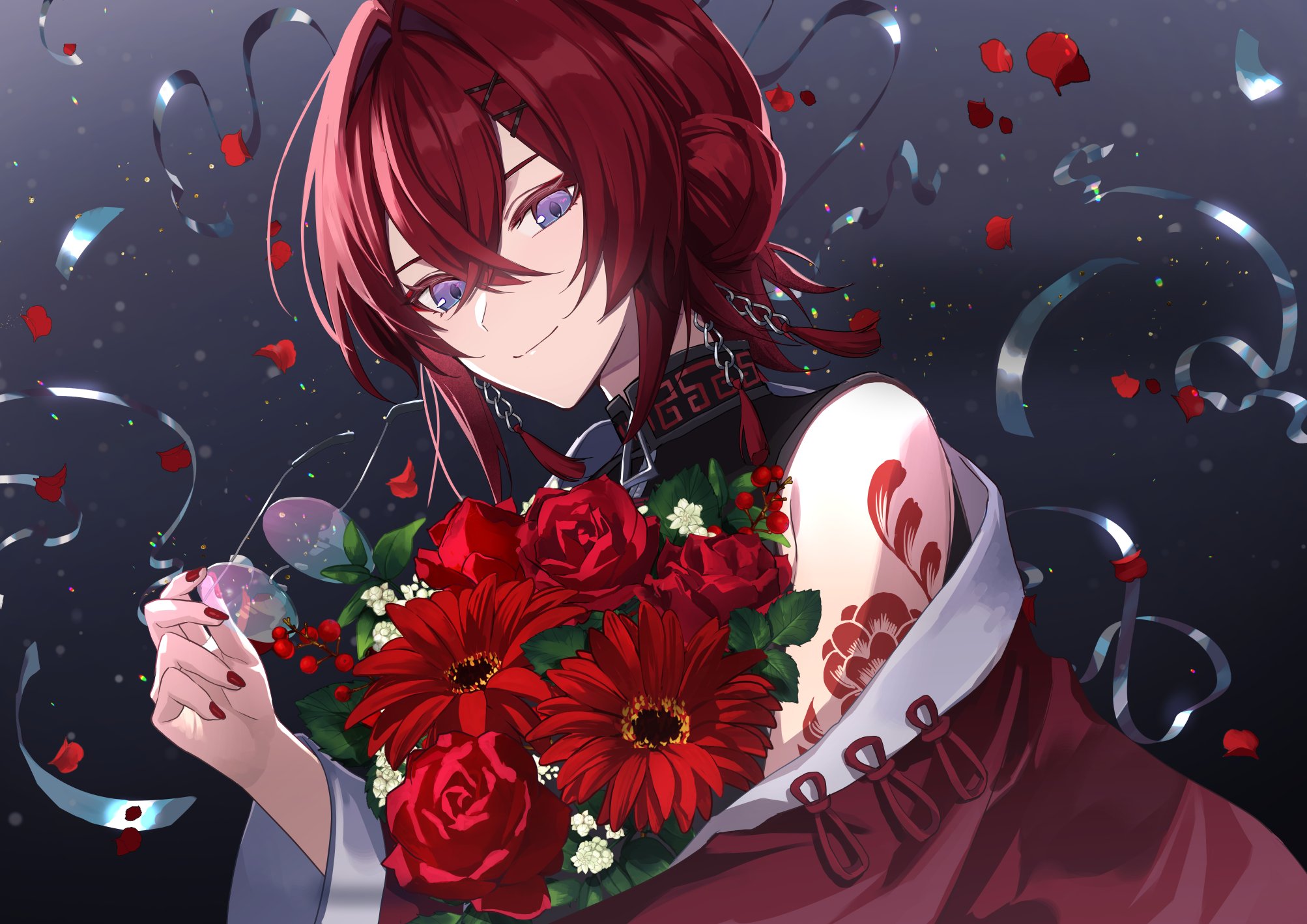 asagizuisen, ange katrina, ange katrina (7th costume), nijisanji, commentary request, flower request, highres, 1girl, arm tattoo, berry, blue-tinted eyewear, bouquet, closed mouth, crossed bangs, double-parted bangs, falling petals, flower, gerbera, gradient-tinted eyewear, gradient background, grey background, hair between eyes, hair bun, hair intakes, hair ornament, hand up, high collar, holding, holding bouquet, holding removed eyewear, jacket, light particles, long bangs, looking at viewer, mandarin collar, off shoulder, petals, purple-tinted eyewear, purple eyes, red flower, red hair, red jacket, red nails, red petals, red rose, rimless eyewear, rose, round eyewear, single bare shoulder, single side bun, sleeveless, smile, solo, split mouth, streamers, tassel, tassel hair ornament, tattoo, tinted eyewear, unworn eyewear, upper body, virtual youtuber, white flower, x hair ornament